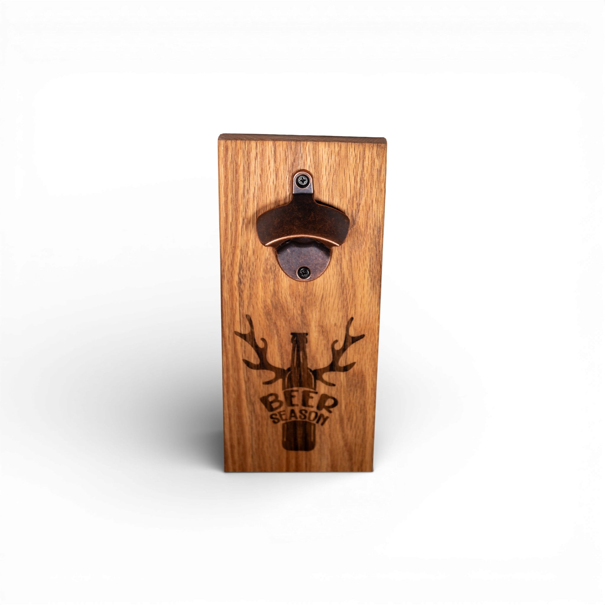 Rustic Sassafras wood beer season bottle opener with bronze metal cap catcher