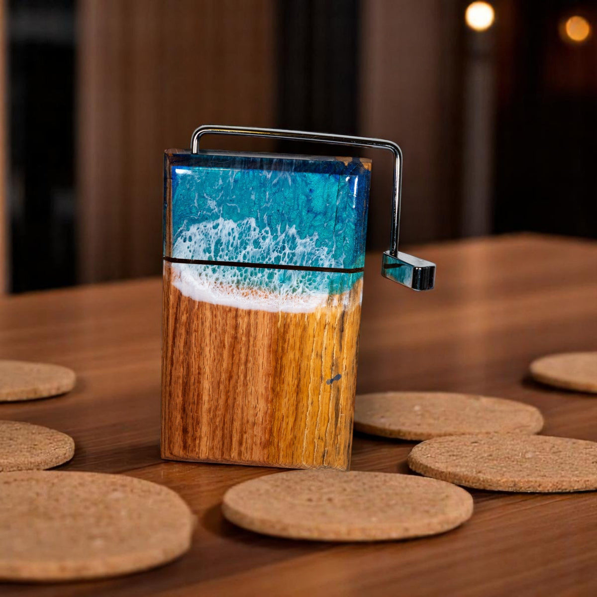 Ocean Wave wooden cheese slicer board with blue resin wave and chrome lever handle