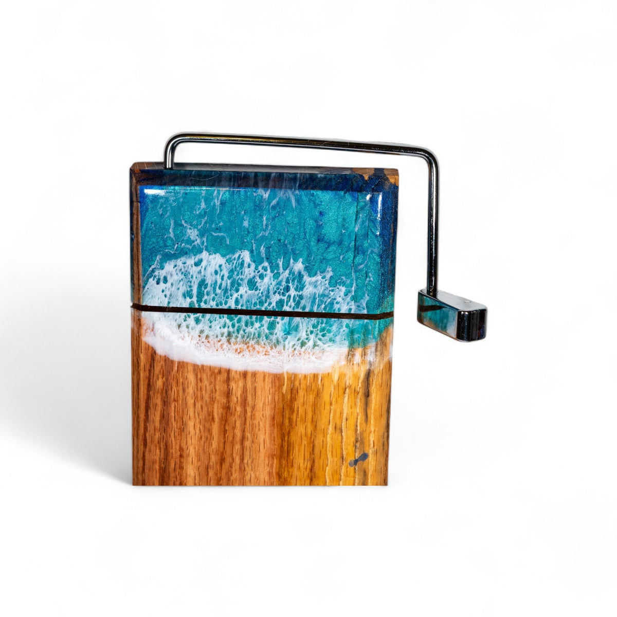 Full height wooden cheese slicer board with natural grain base and blue resin top
