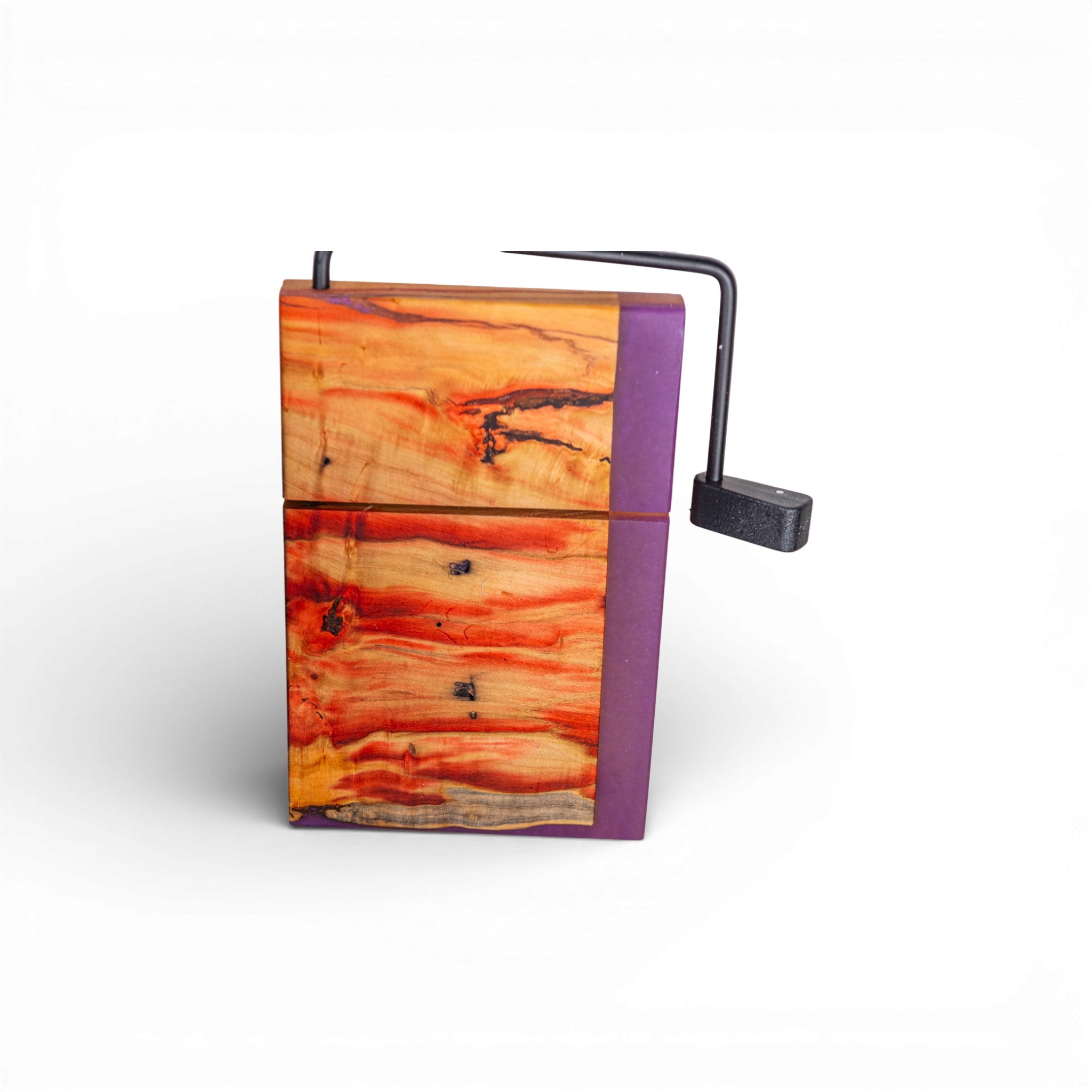 Angled view of thick Box Elder wood cheese slicer board showing purple epoxy contrast