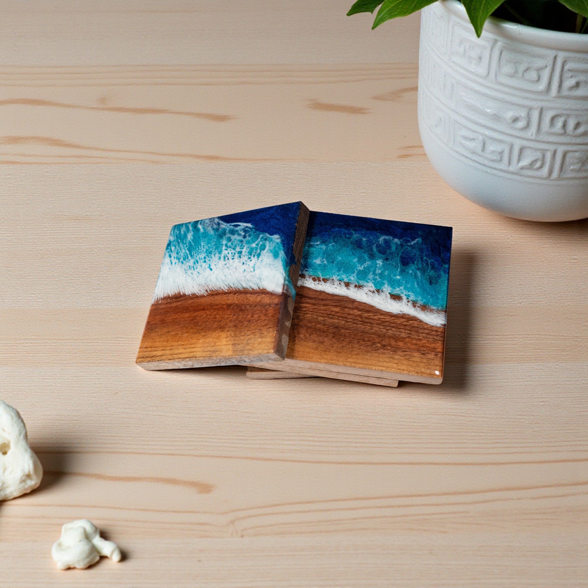 Walnut with Ocean Wave Epoxy Coaster