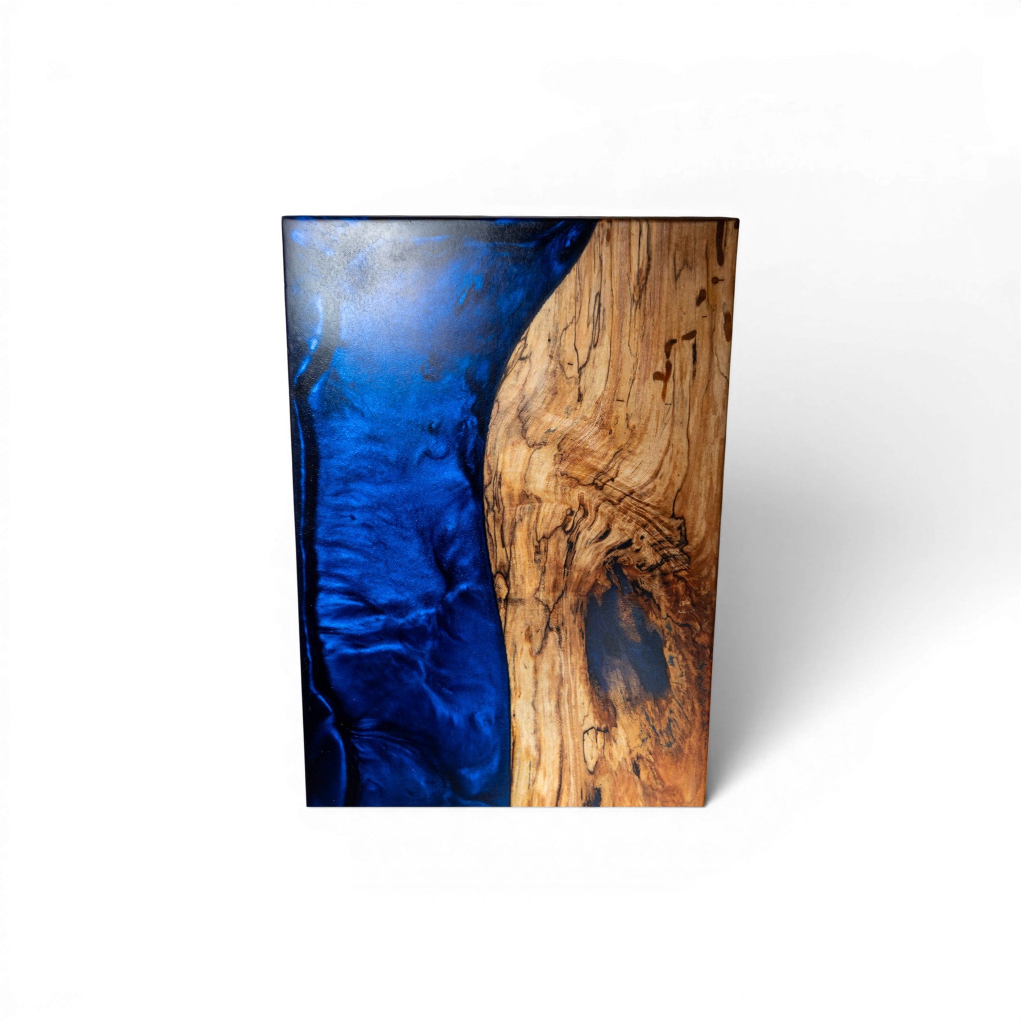 Seamless fusion dark blue epoxy and sapwood maple serving board with rounded edges