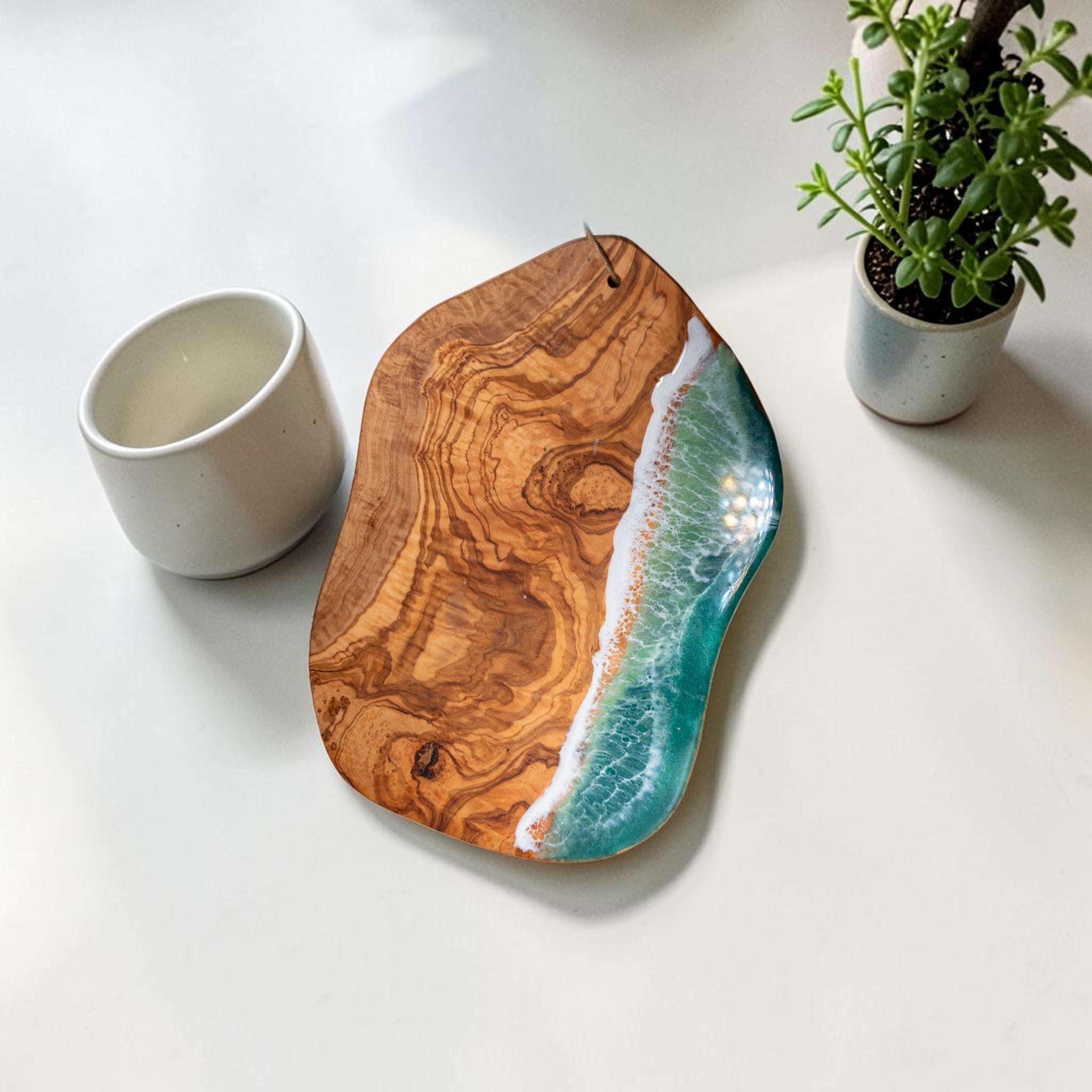 Green Handcrafted Ocean Wave Olive Wood Charcuterie Board - Serving Platter