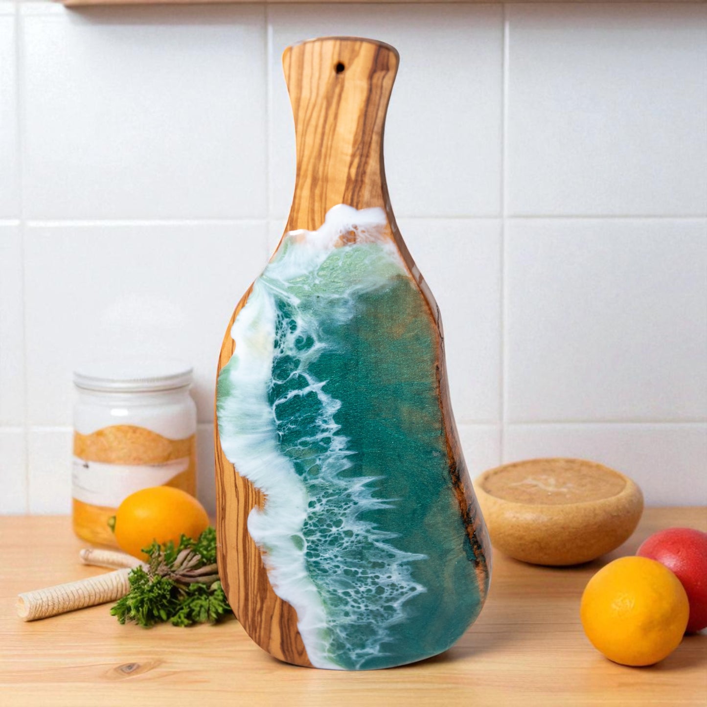 Green Handcrafted Ocean Wave Olive Wood Charcuterie Board - Serving Platter