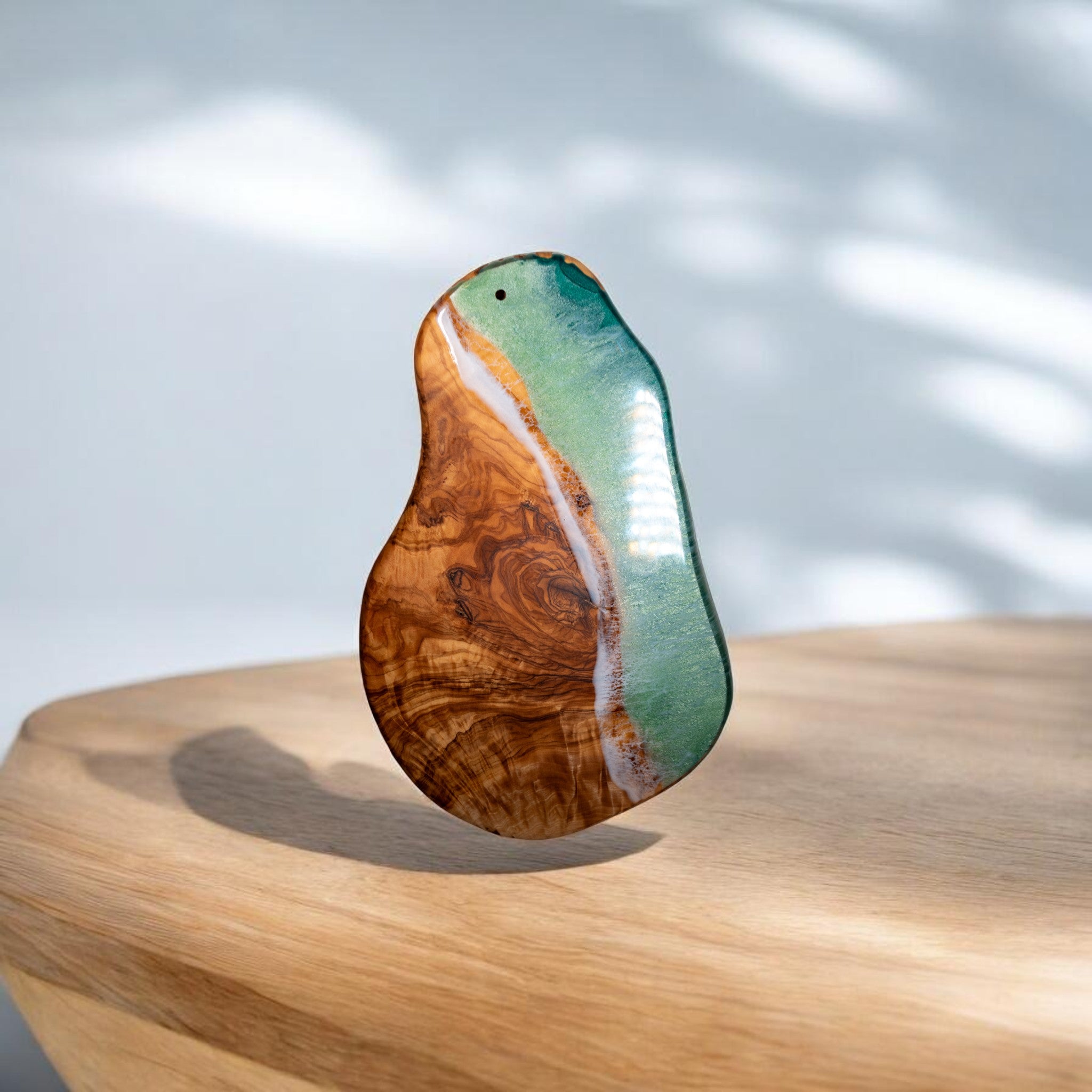 Green Handcrafted Ocean Wave Olive Wood Charcuterie Board - Serving Platter