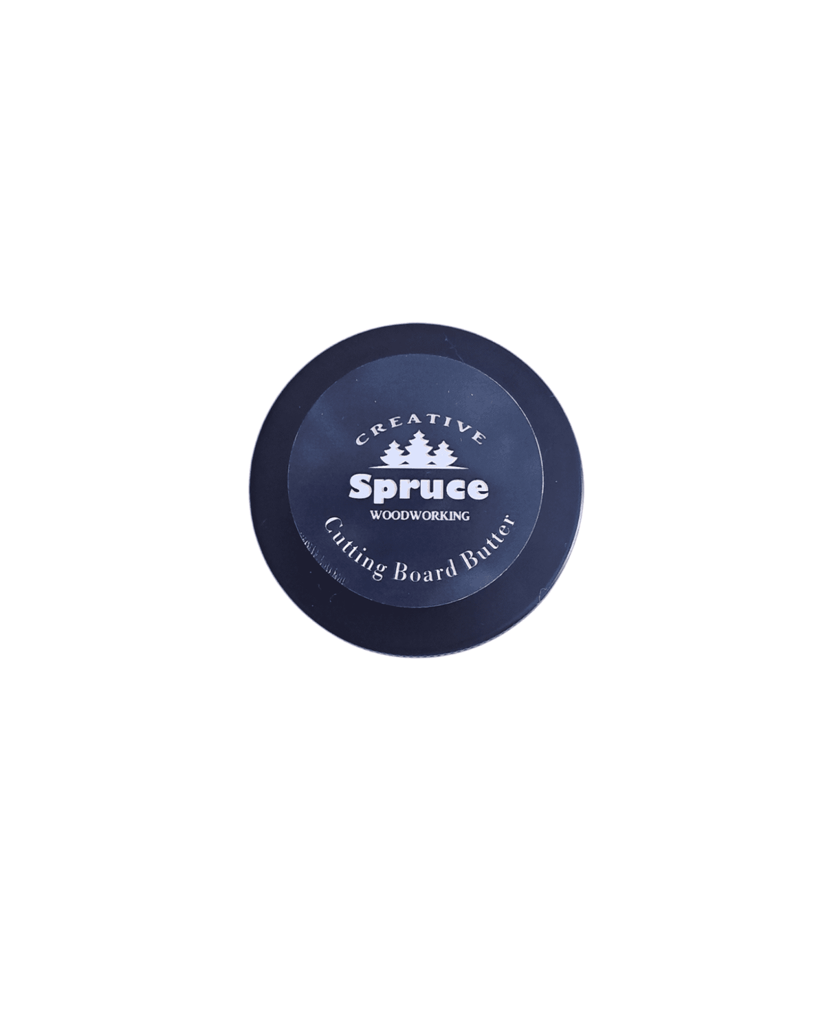 Creative Spruce Woodworking Cutting Board Butter in dark blue jar with beeswax and mineral oil label