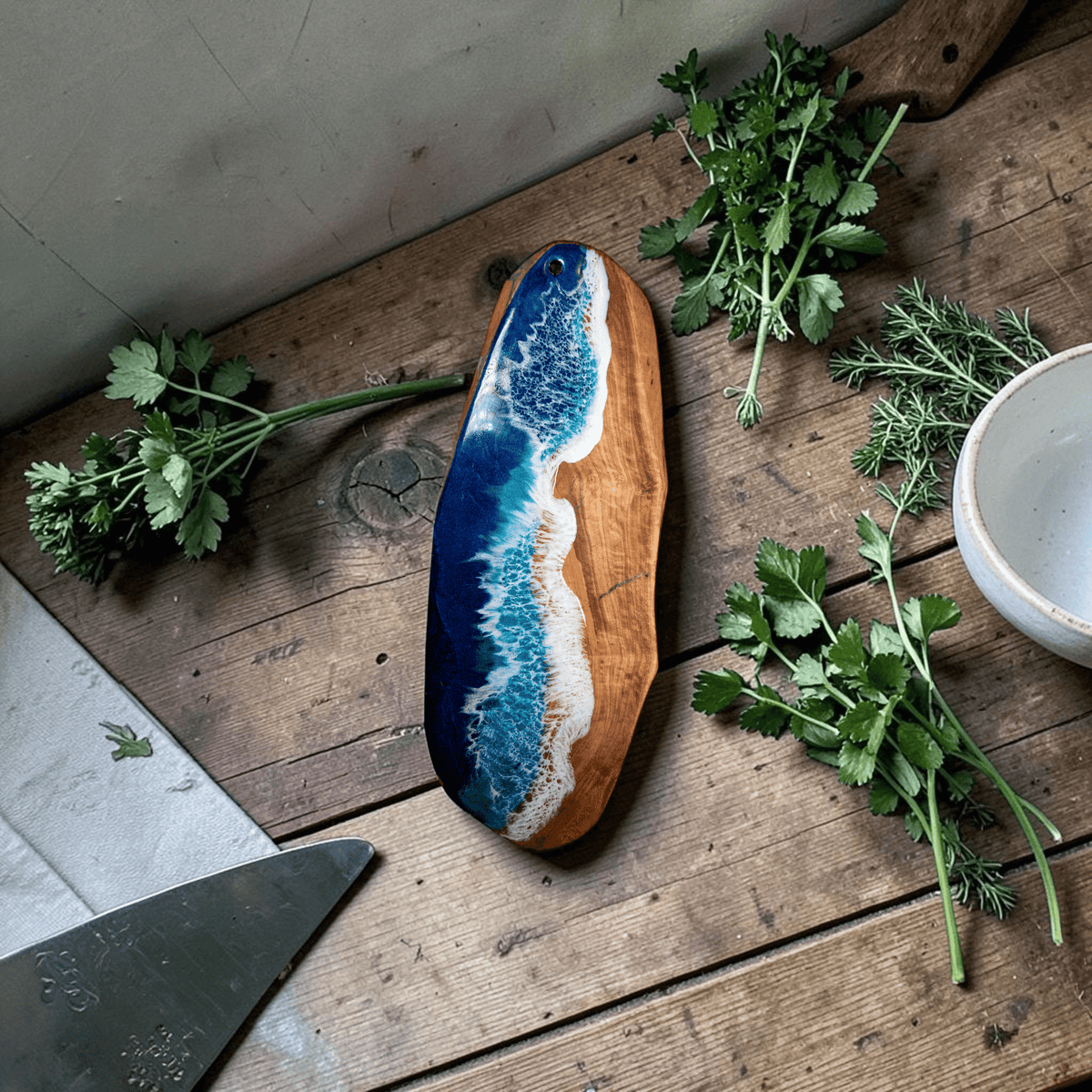 Handcrafted Ocean Wave Olive Wood Charcuterie Board - Serving Platter