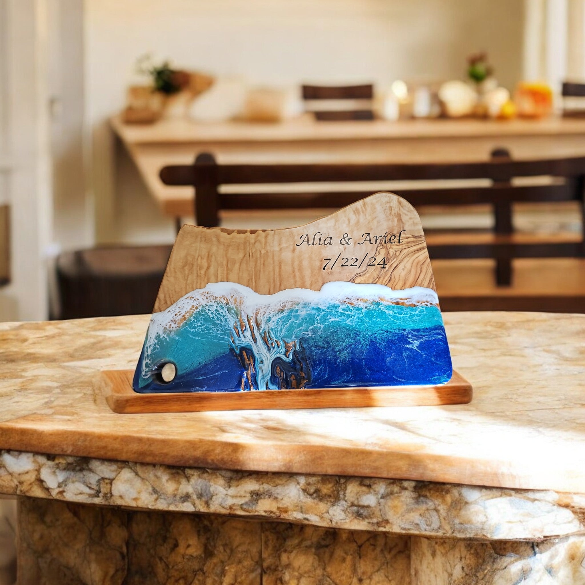 Personalized engraved olive wood charcuterie board with blue ocean wave resin inlay
