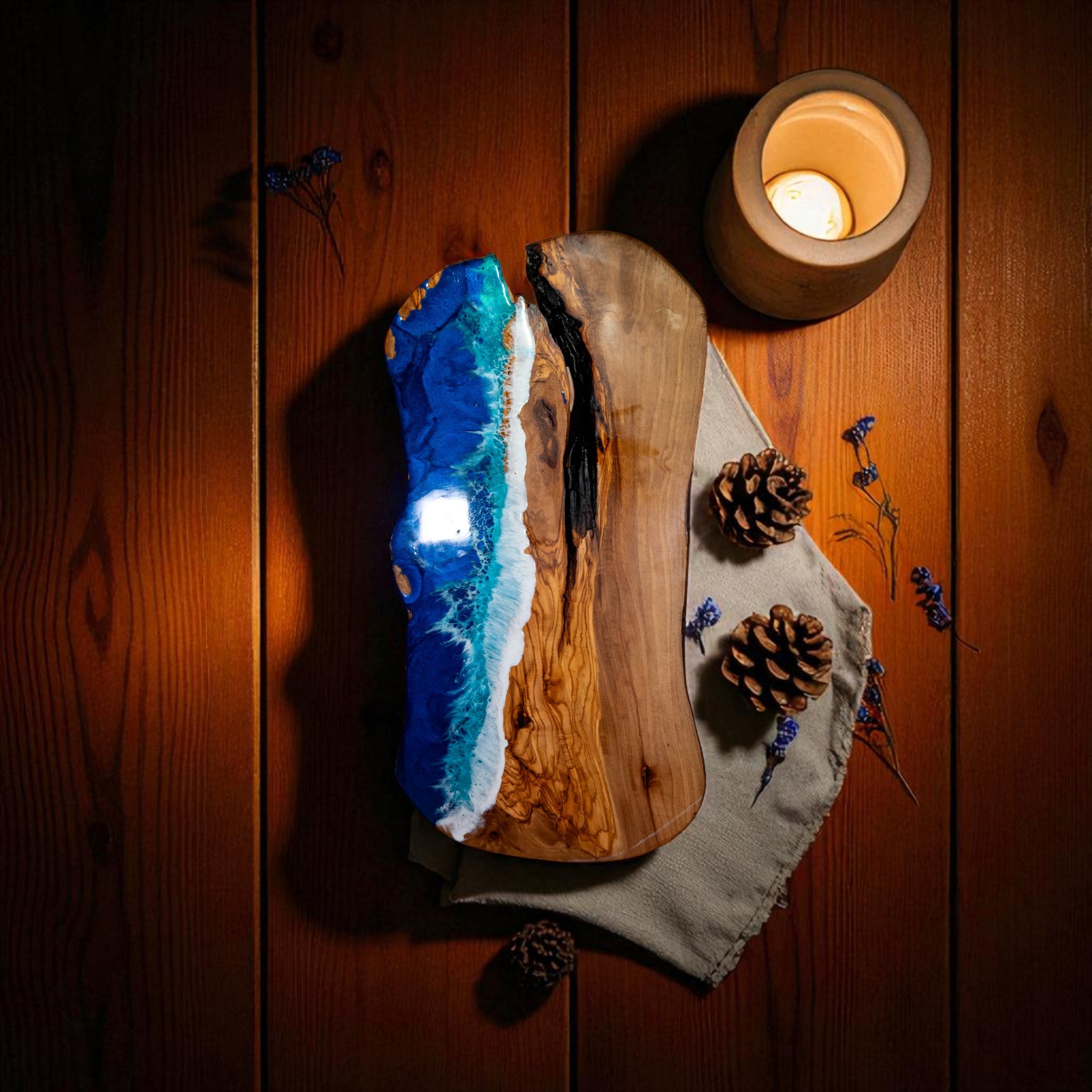 Handcrafted Ocean Wave Olive Wood Charcuterie Board - Serving Platter