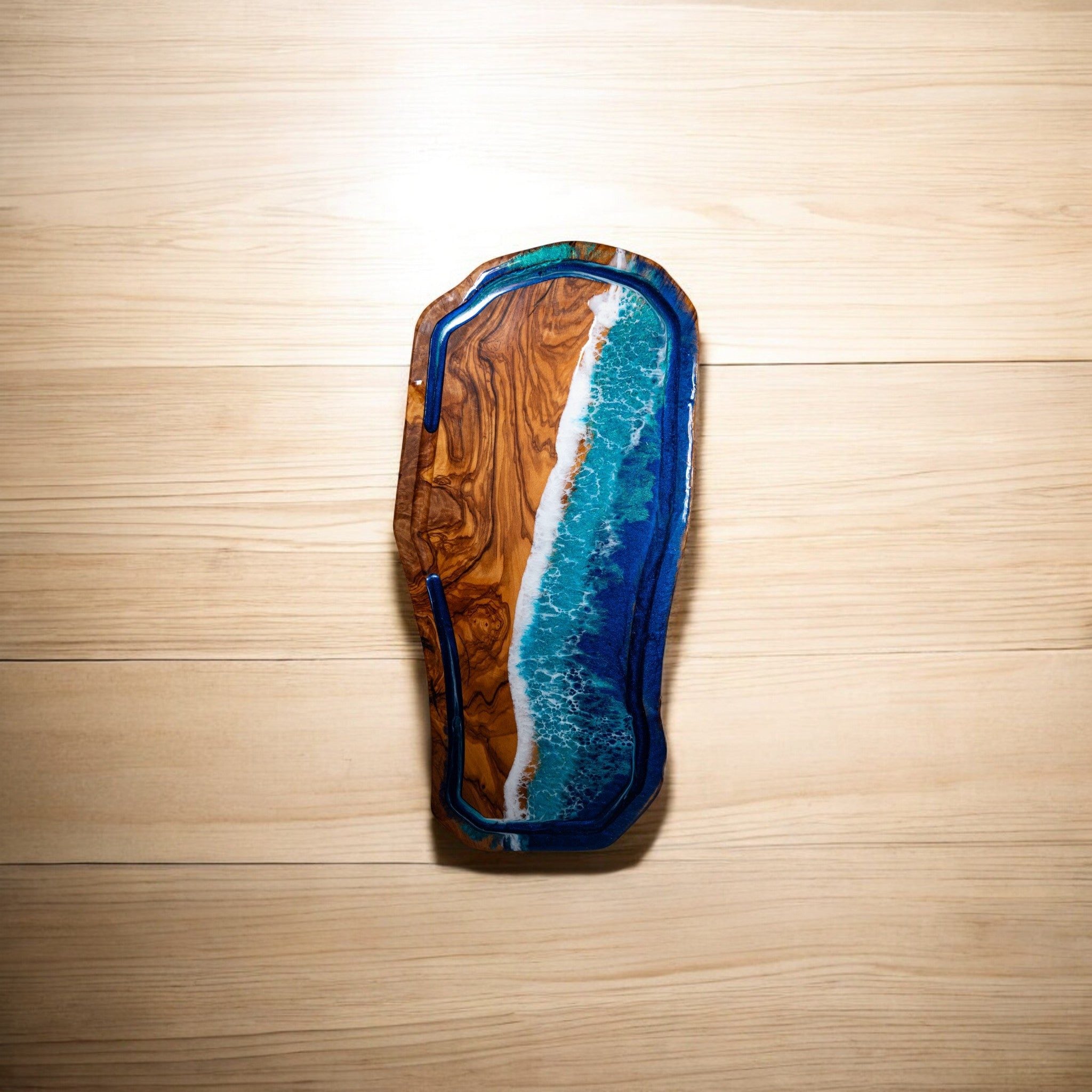 Handcrafted Ocean Wave Olive Wood Charcuterie Board With Juice Grove- Serving Platter