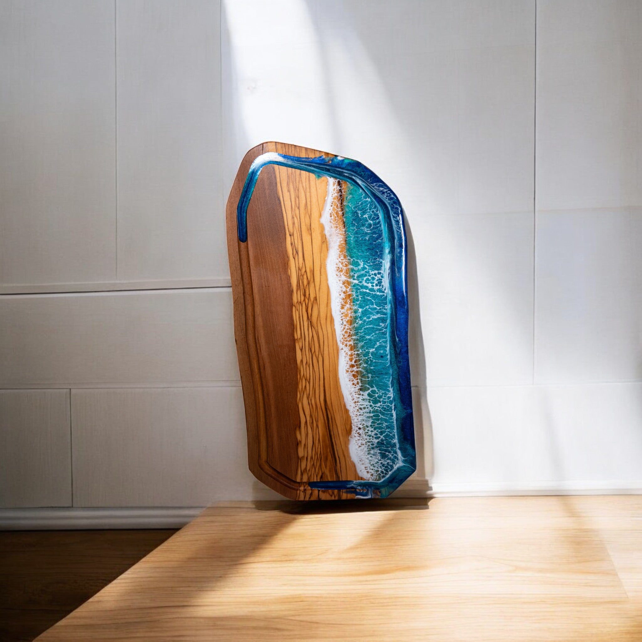 Handcrafted Ocean Wave Olive Wood Charcuterie Board With Juice Grove- Serving Platter