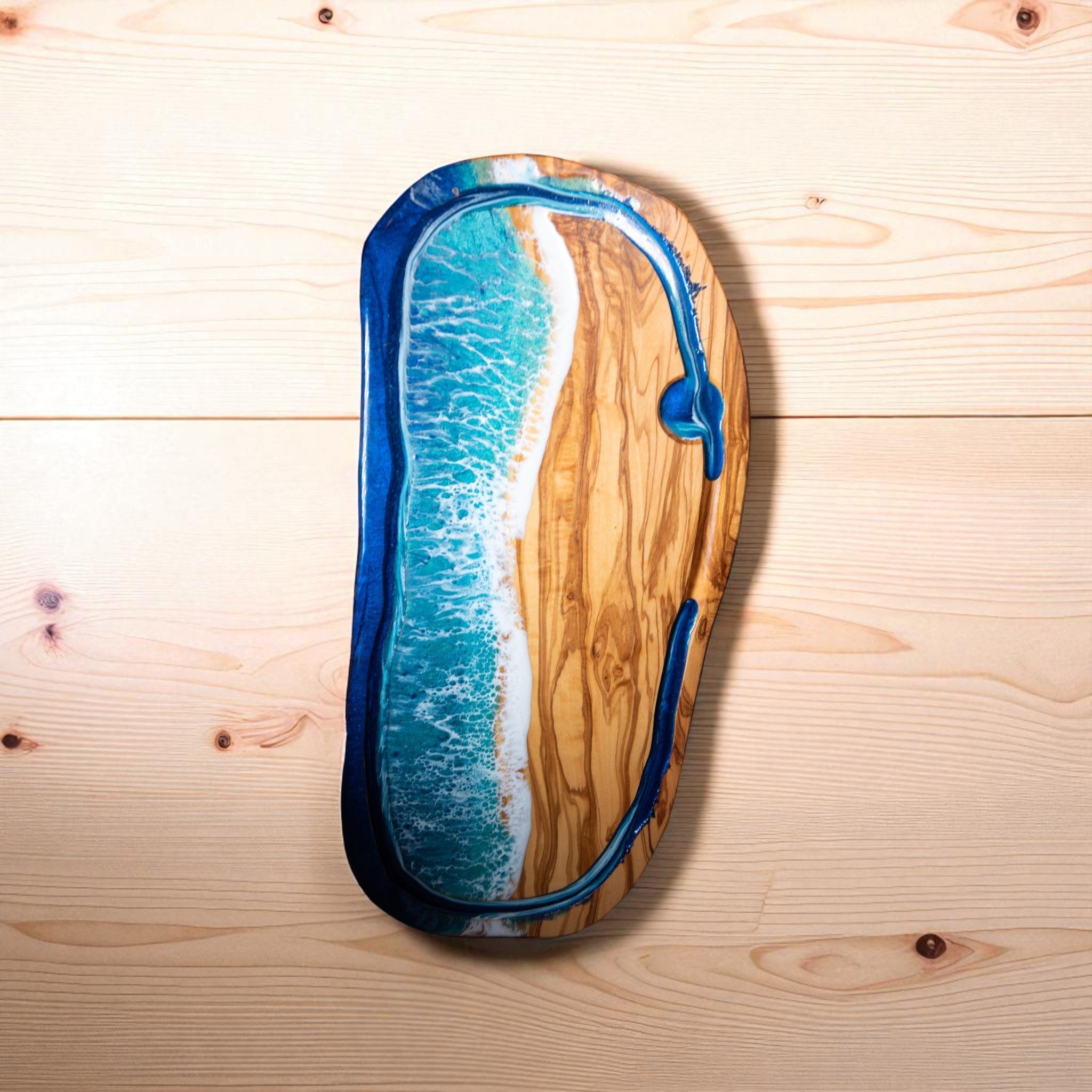 Handcrafted Ocean Wave Olive Wood Charcuterie Board With Juice Grove- Serving Platter
