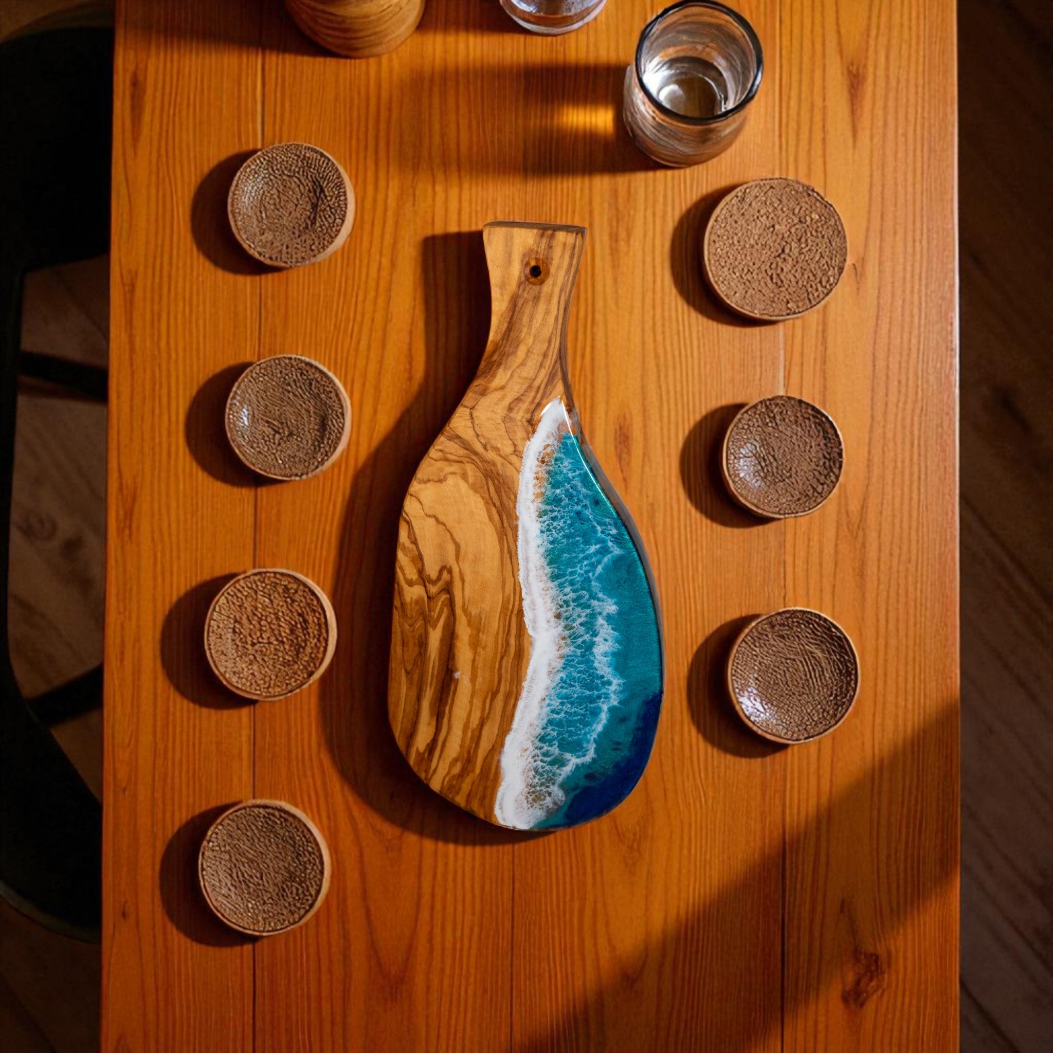 Handcrafted Ocean Wave Olive Wood Charcuterie Board - Serving Platter