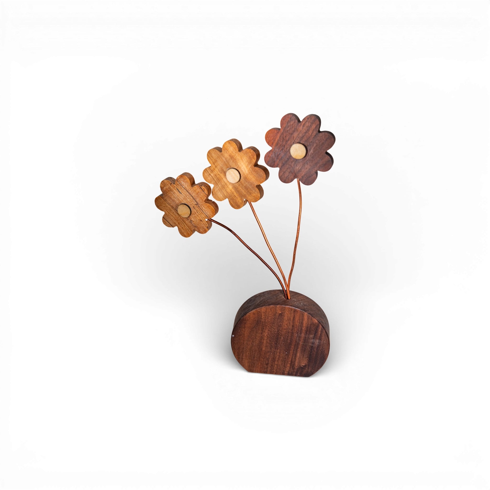 Three-tone wooden daisy bouquet mounted on walnut wood base