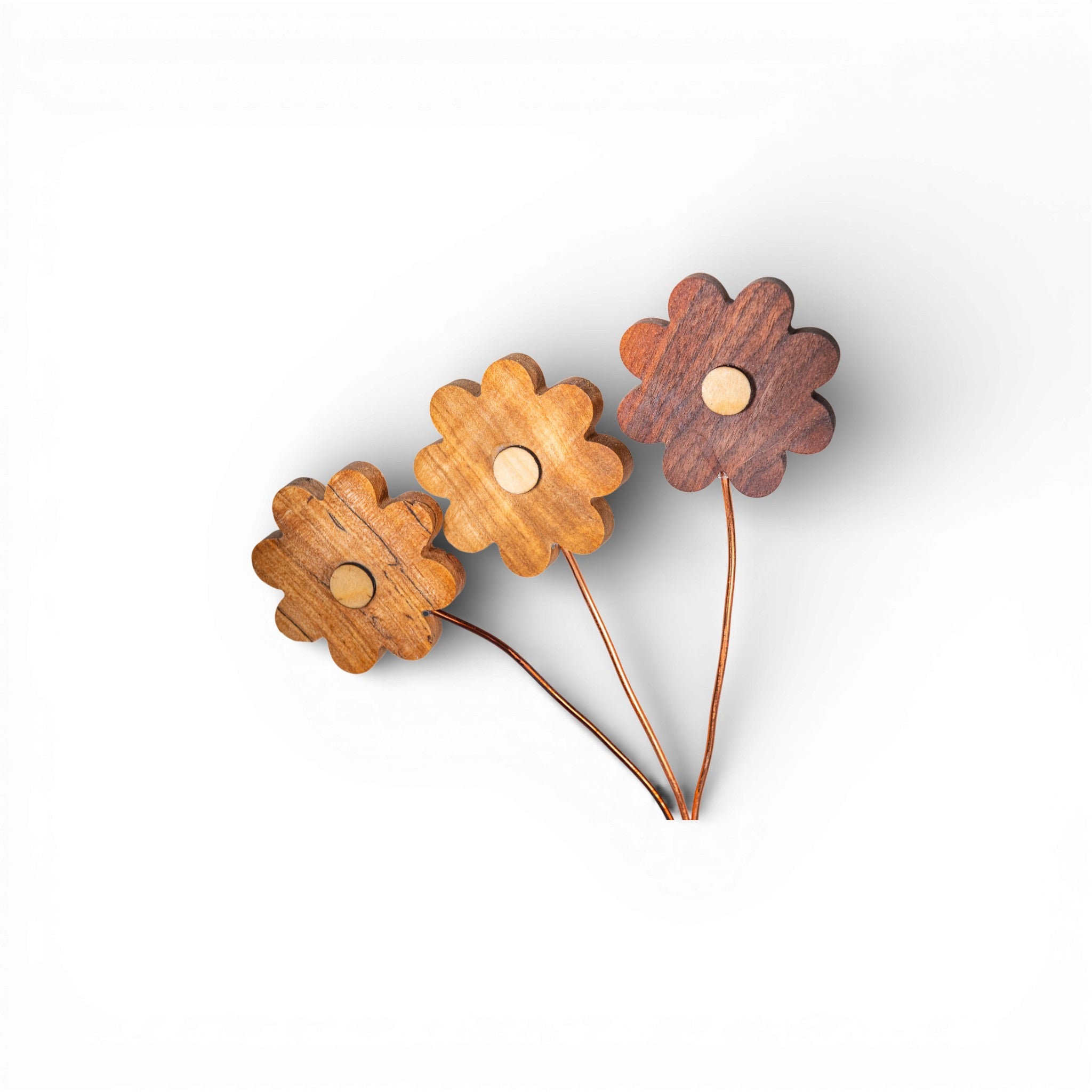 Natural grain wooden daisy flowers with scalloped petals and copper wires