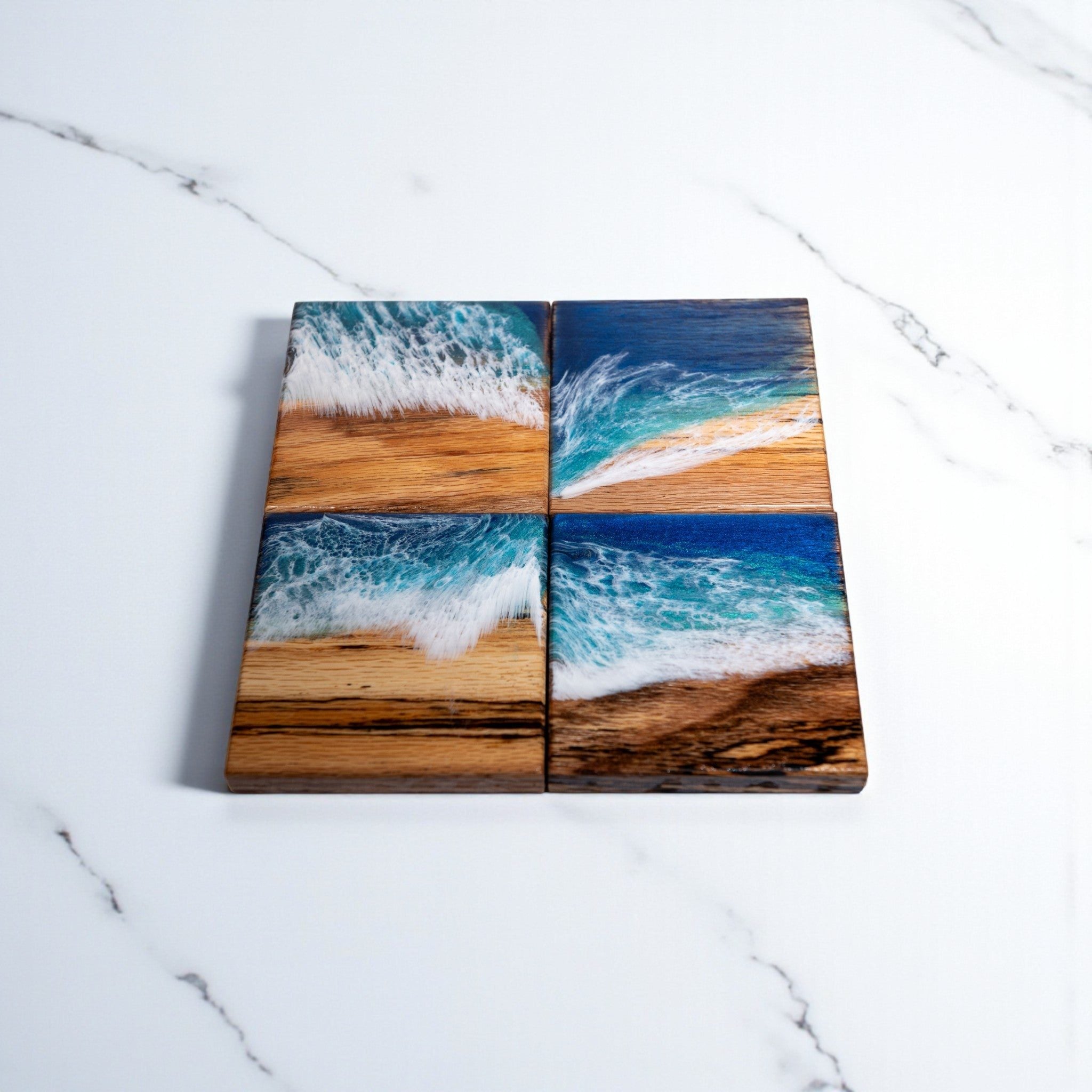 Set of 4 Maple wood Ocean Wave epoxy coasters with blue resin design