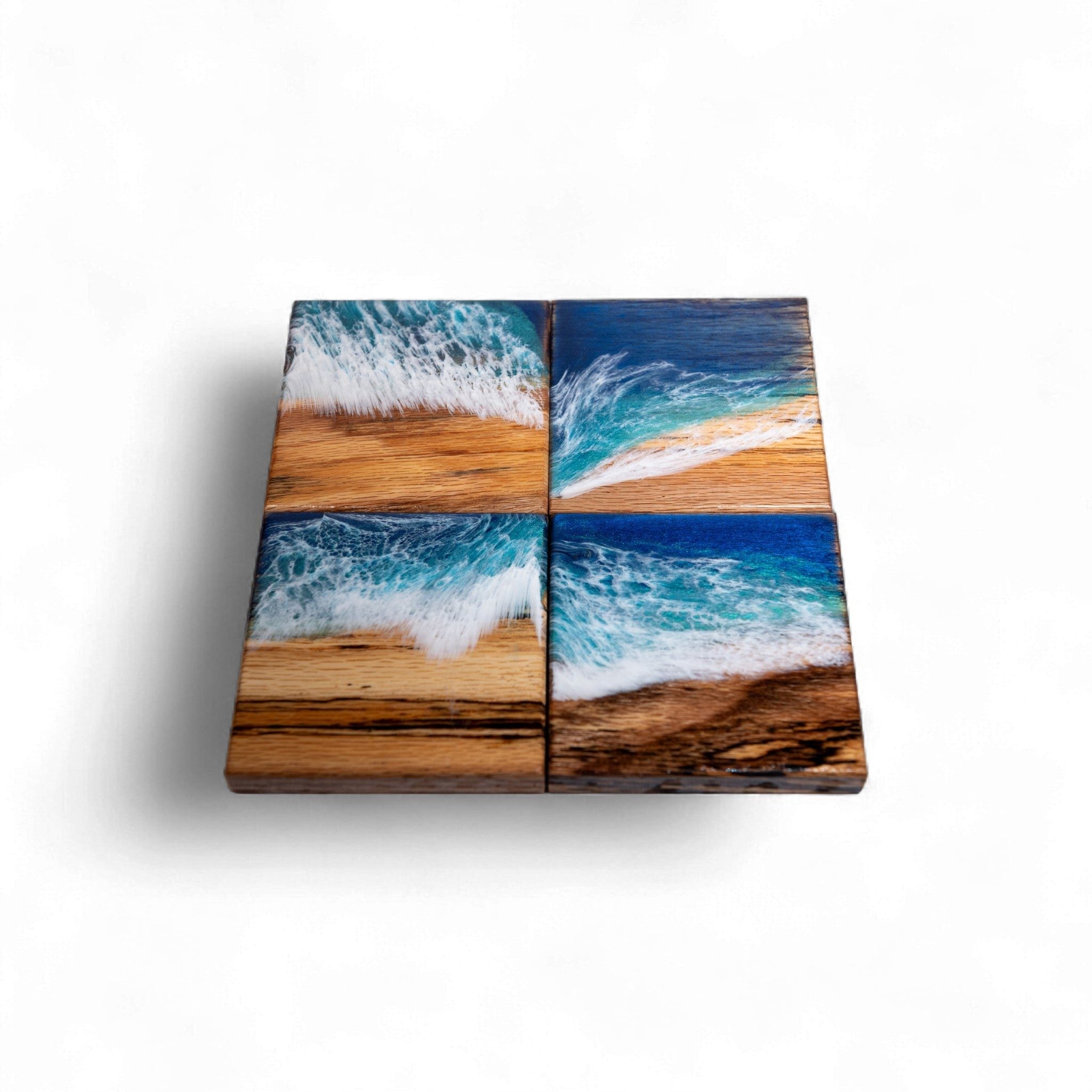 Four square Maple wood coasters with glossy Ocean Wave epoxy finish