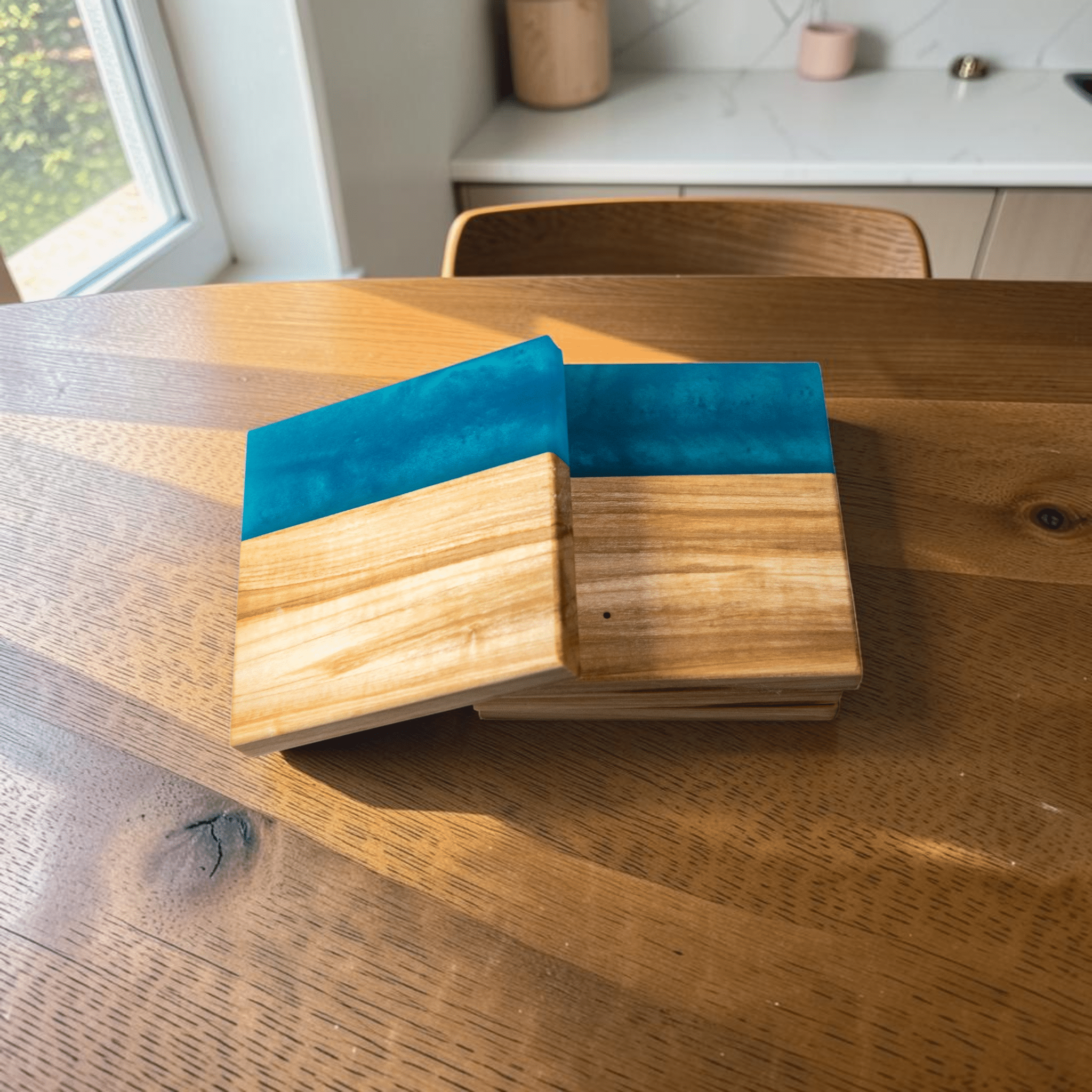 Maple Wood with Sea Blue Epoxy Coaster