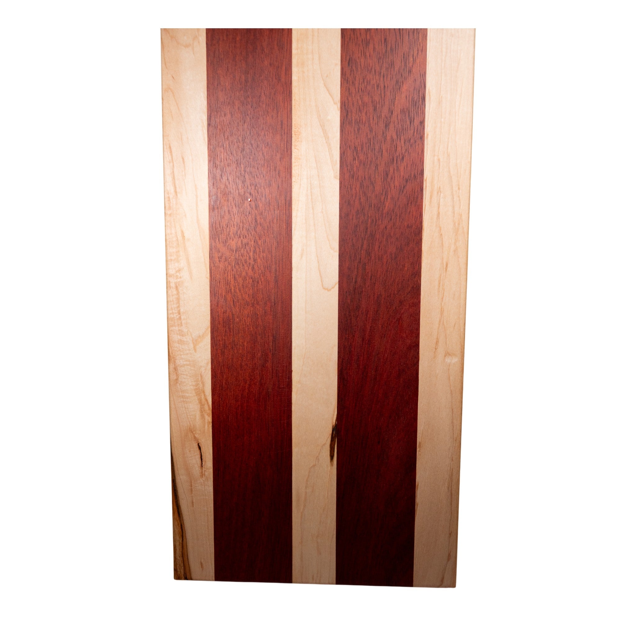 Padauk and maple striped cutting board with central light stripe