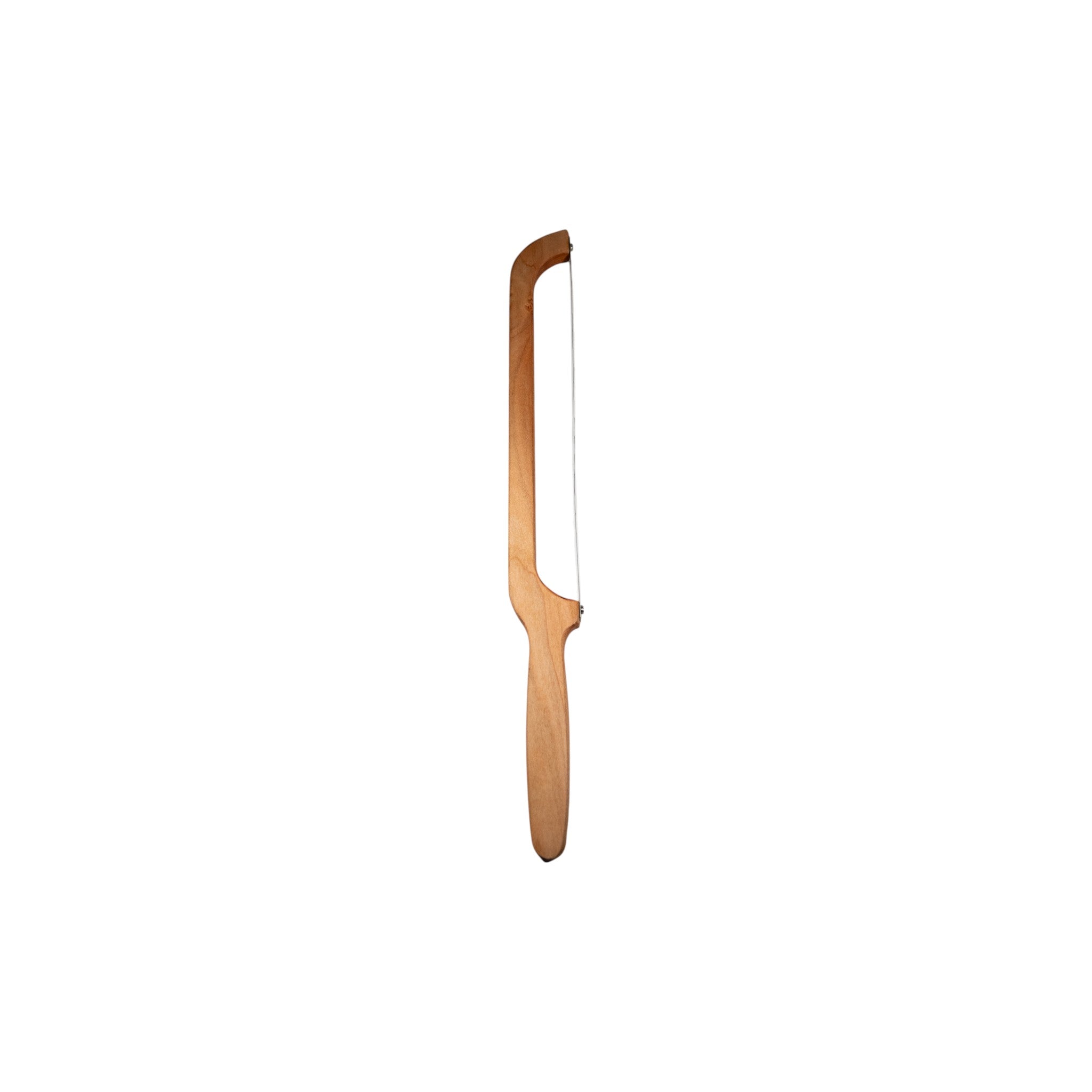Minimalist wooden bow bread knife with tapered maple grip and steel blade