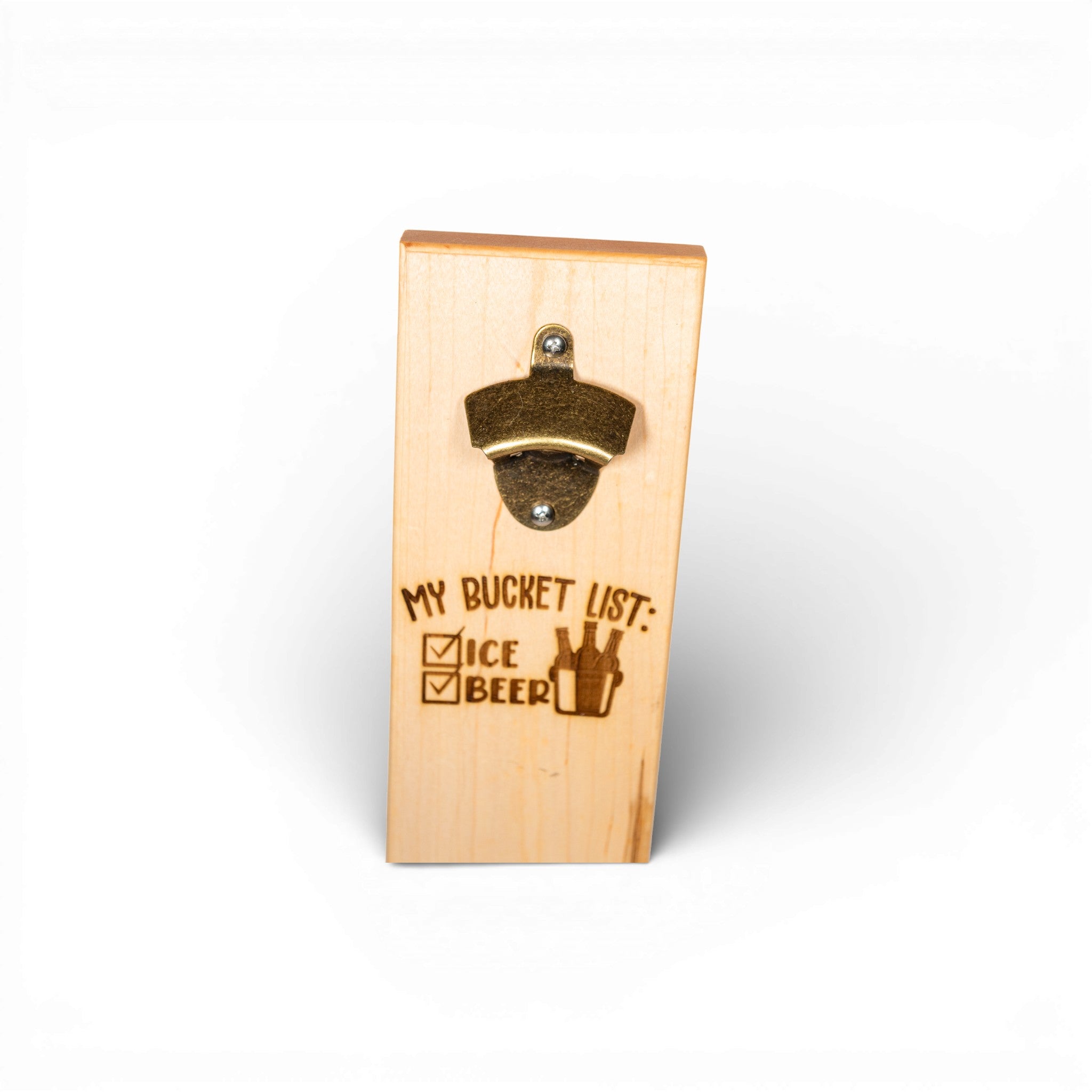 Handcrafted wooden bottle opener featuring checked ice box and natural maple grain texture