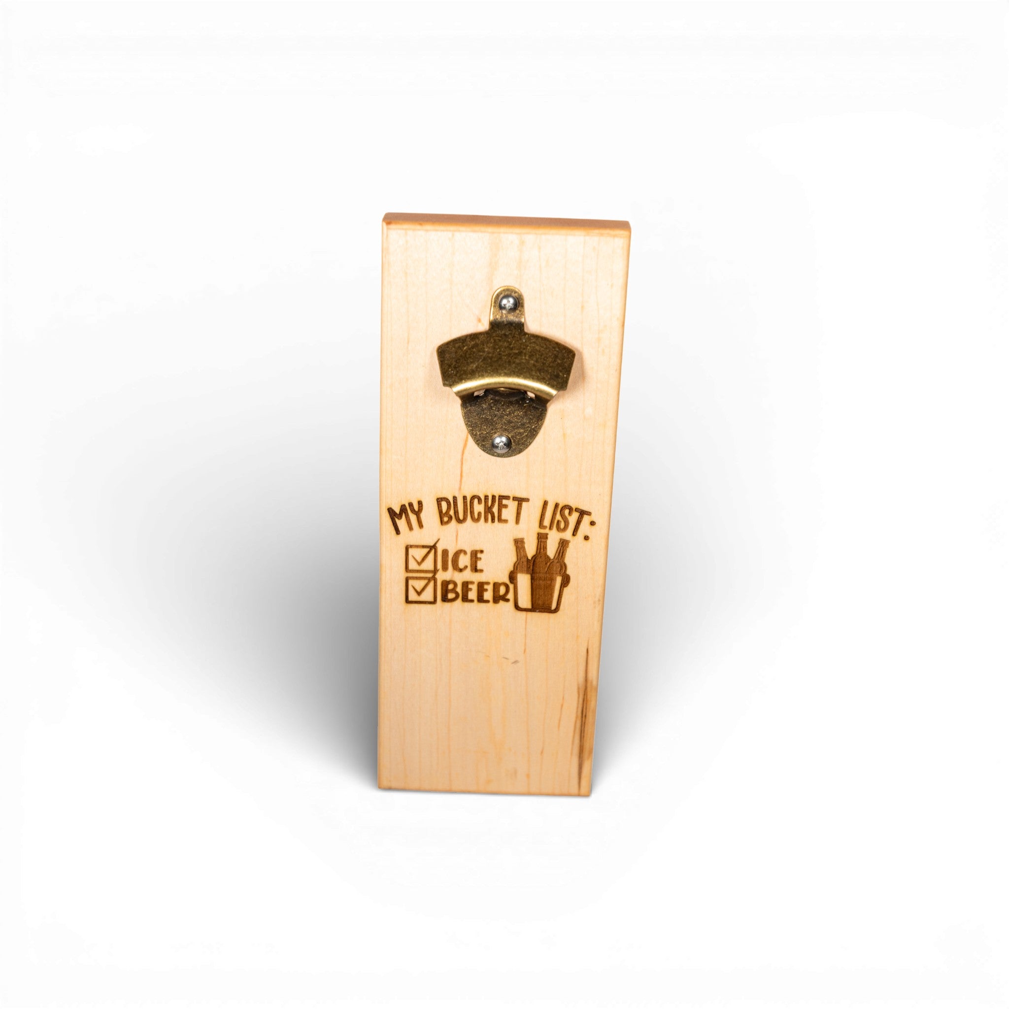 Wall mounted magnetic bottle opener with brass fixture and custom engraved bucket list design