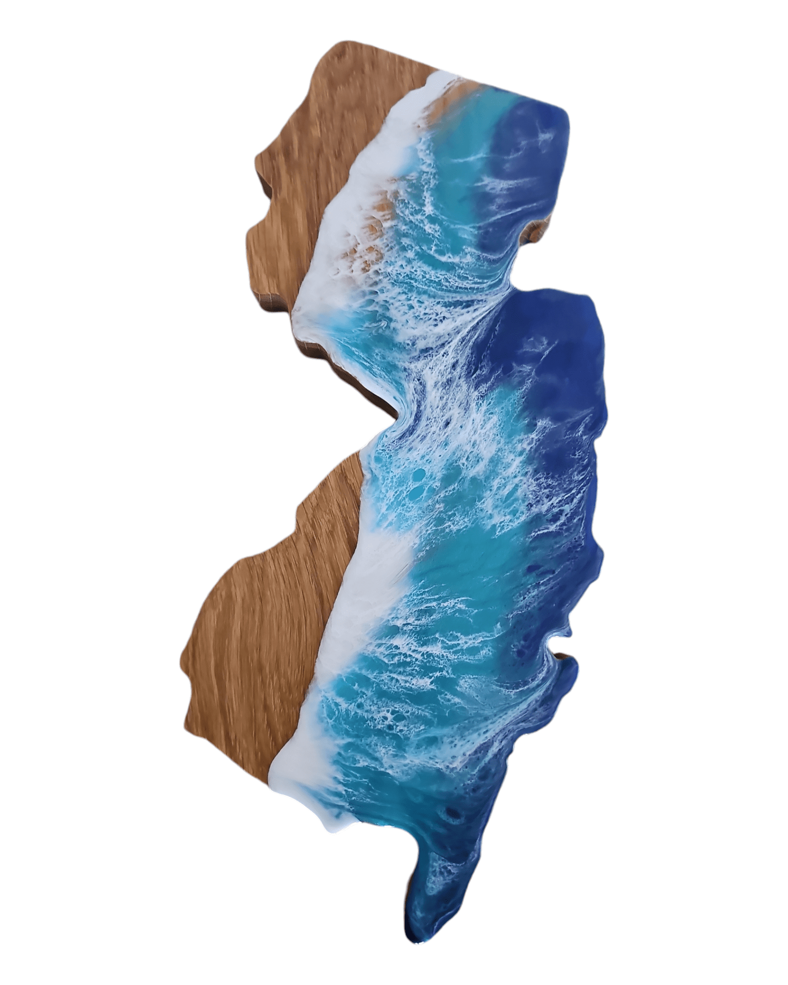 NJ state outline serving board featuring turquoise blue resin ocean design
