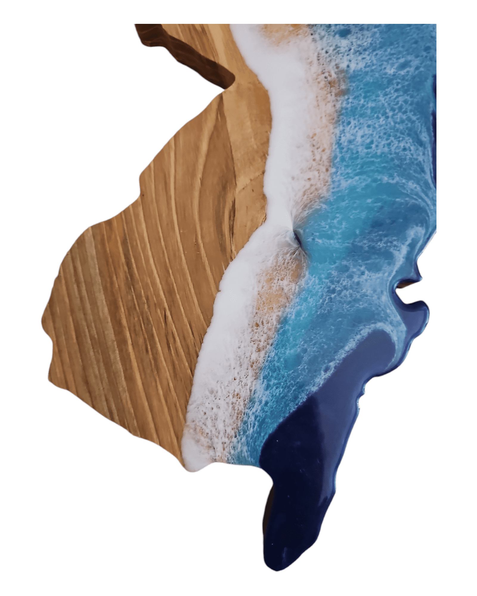 Close-up of thick New Jersey cutting board showing wood grain and resin texture