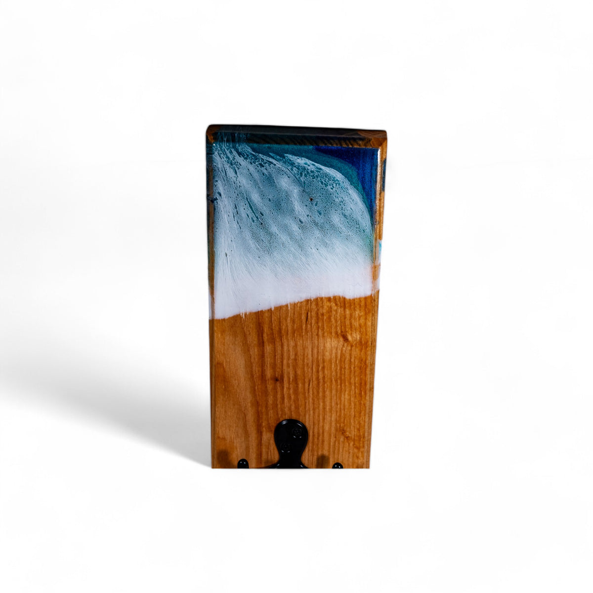 Hardwood key holder featuring blue resin ocean wave detail