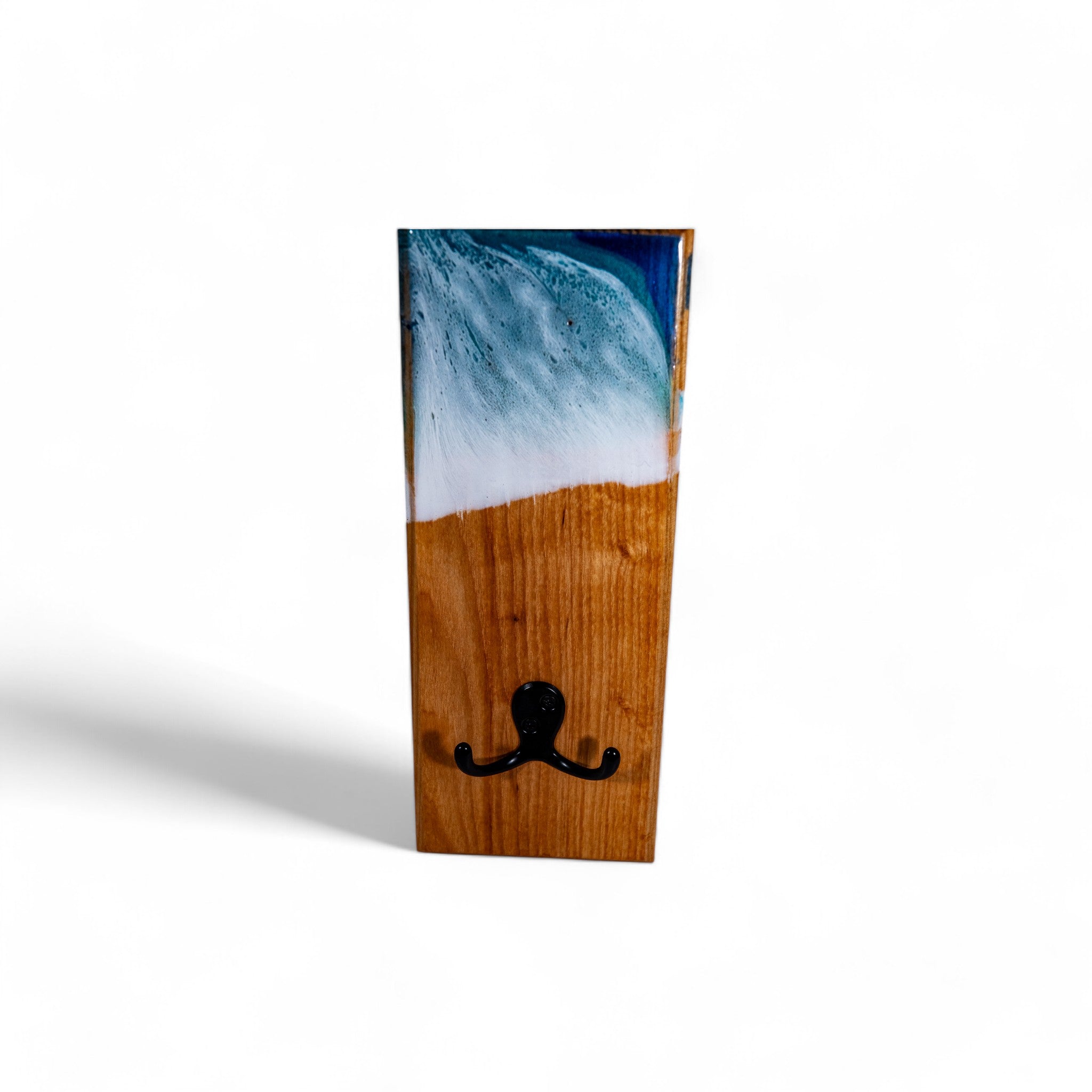 Coastal style wooden key rack with glossy resin wave art