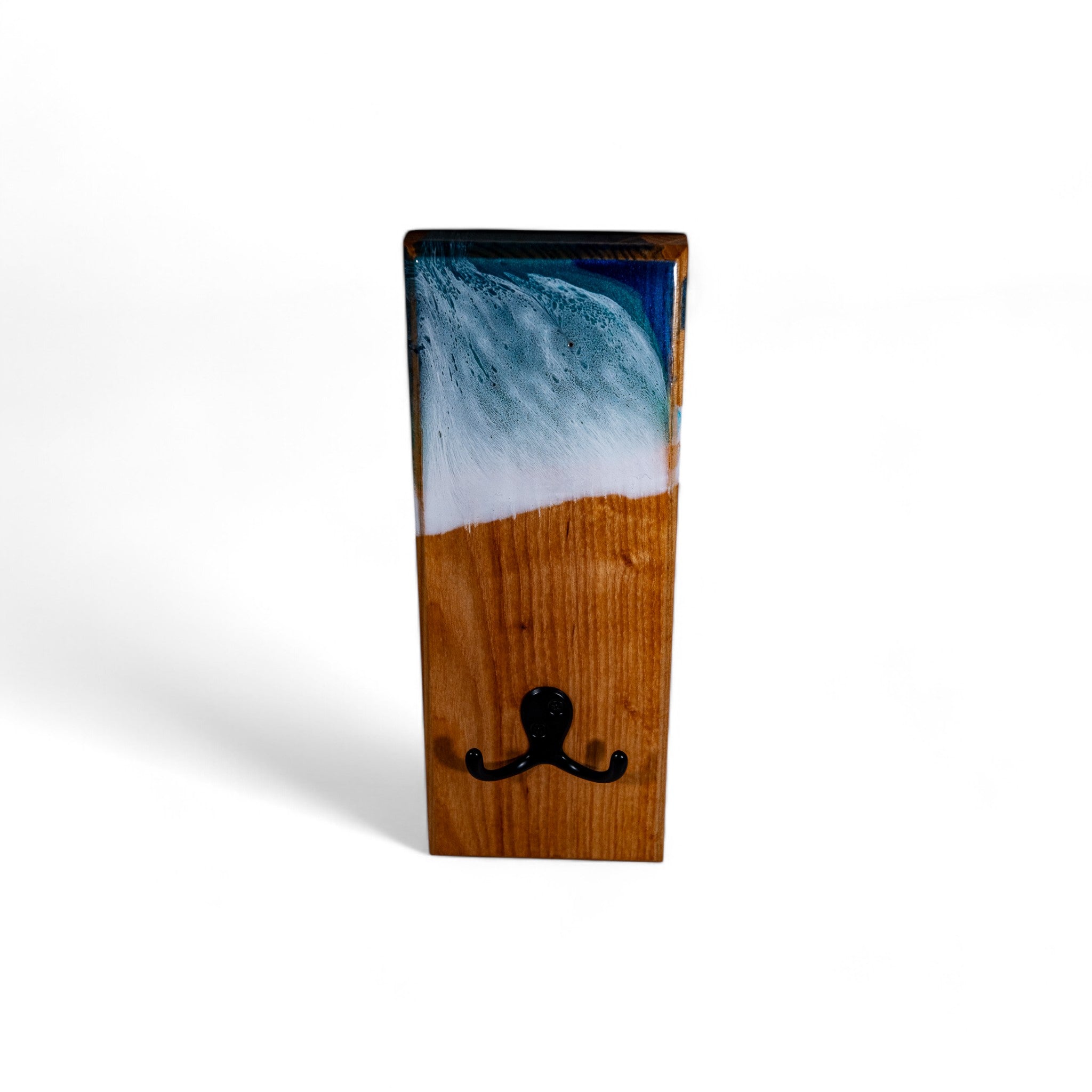Natural wood key organizer with teal resin wave and dual hooks