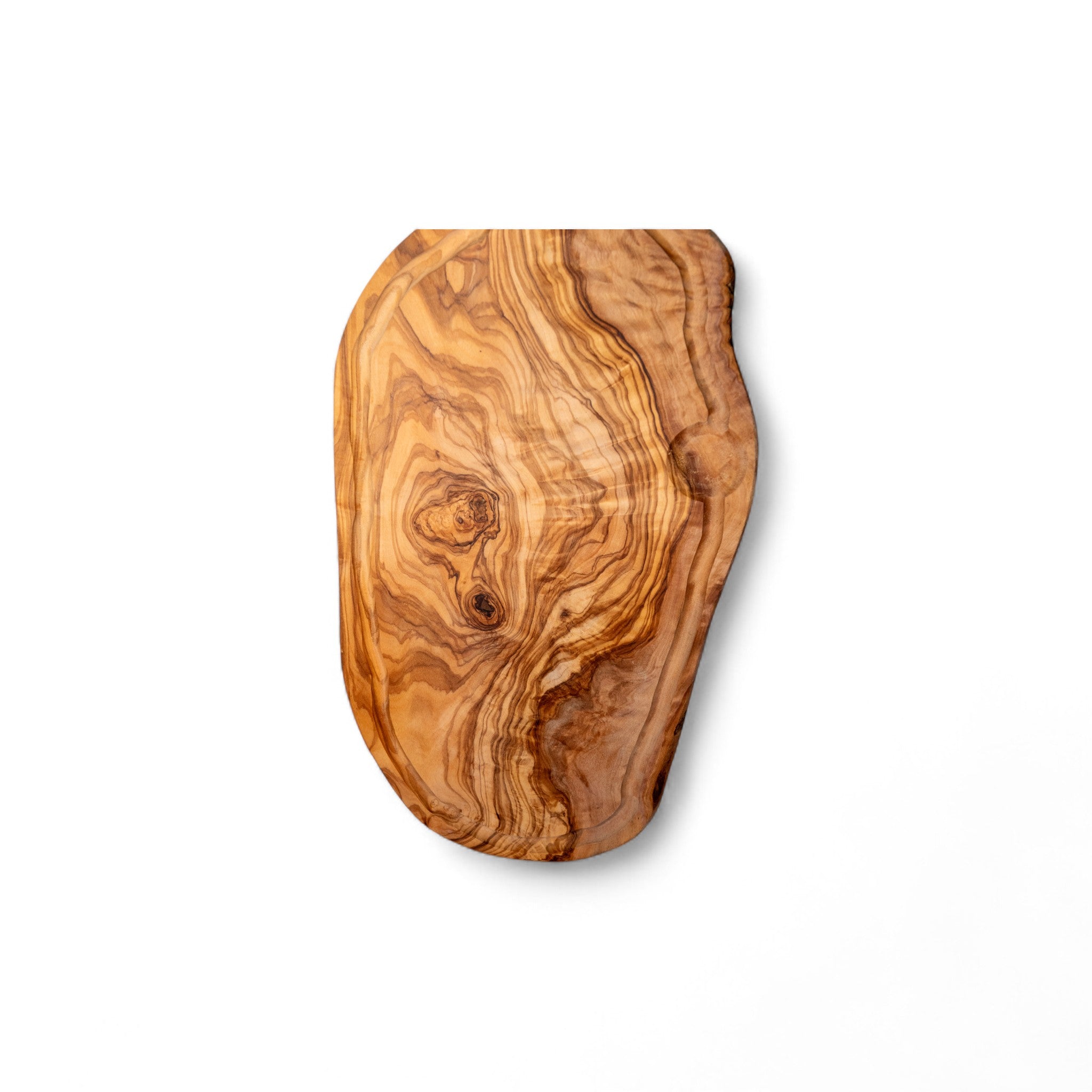 Glossy finish olive wood cutting board highlighting wavy grain and warm tones