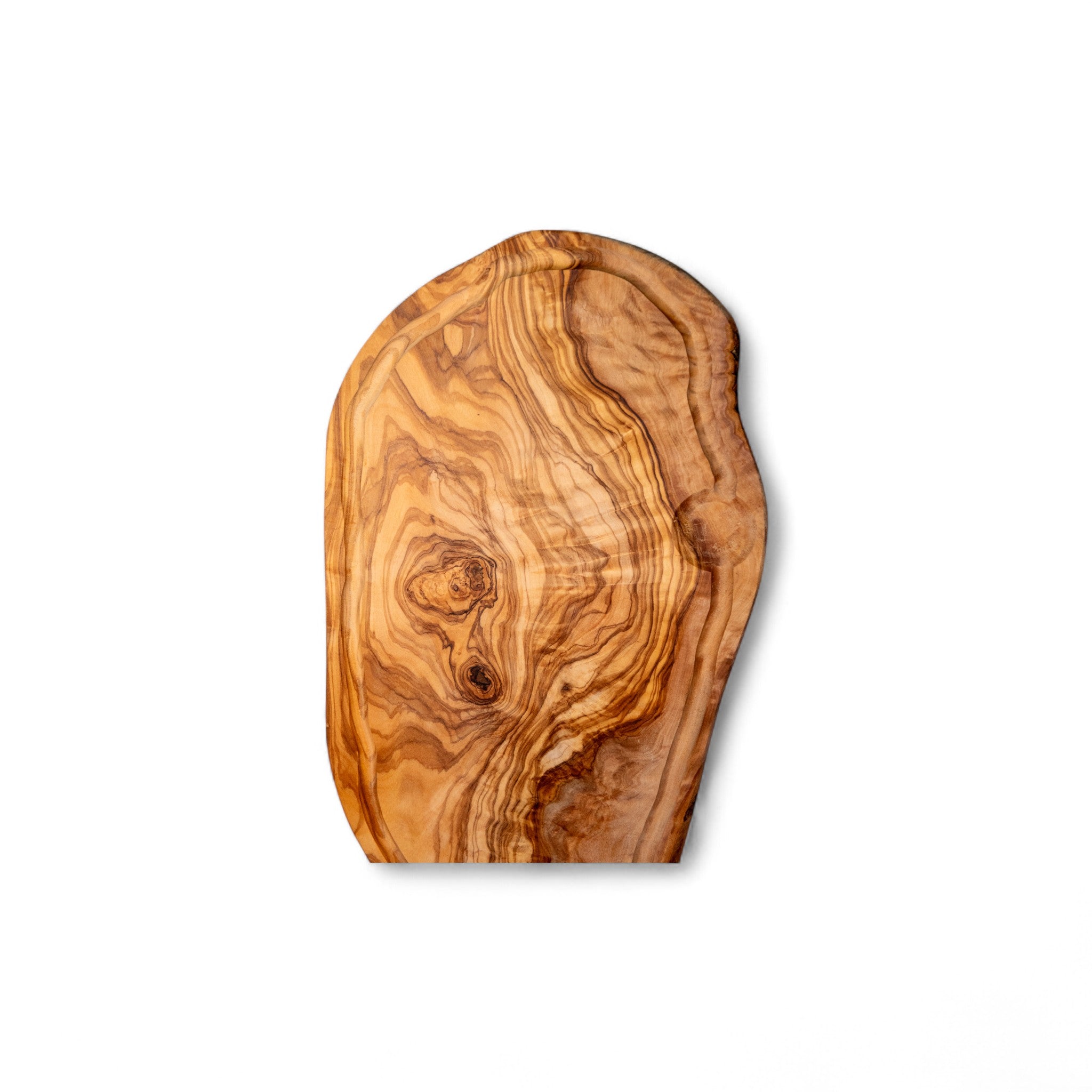 Top view olive wood serving board showing flowing grain and central knot detail