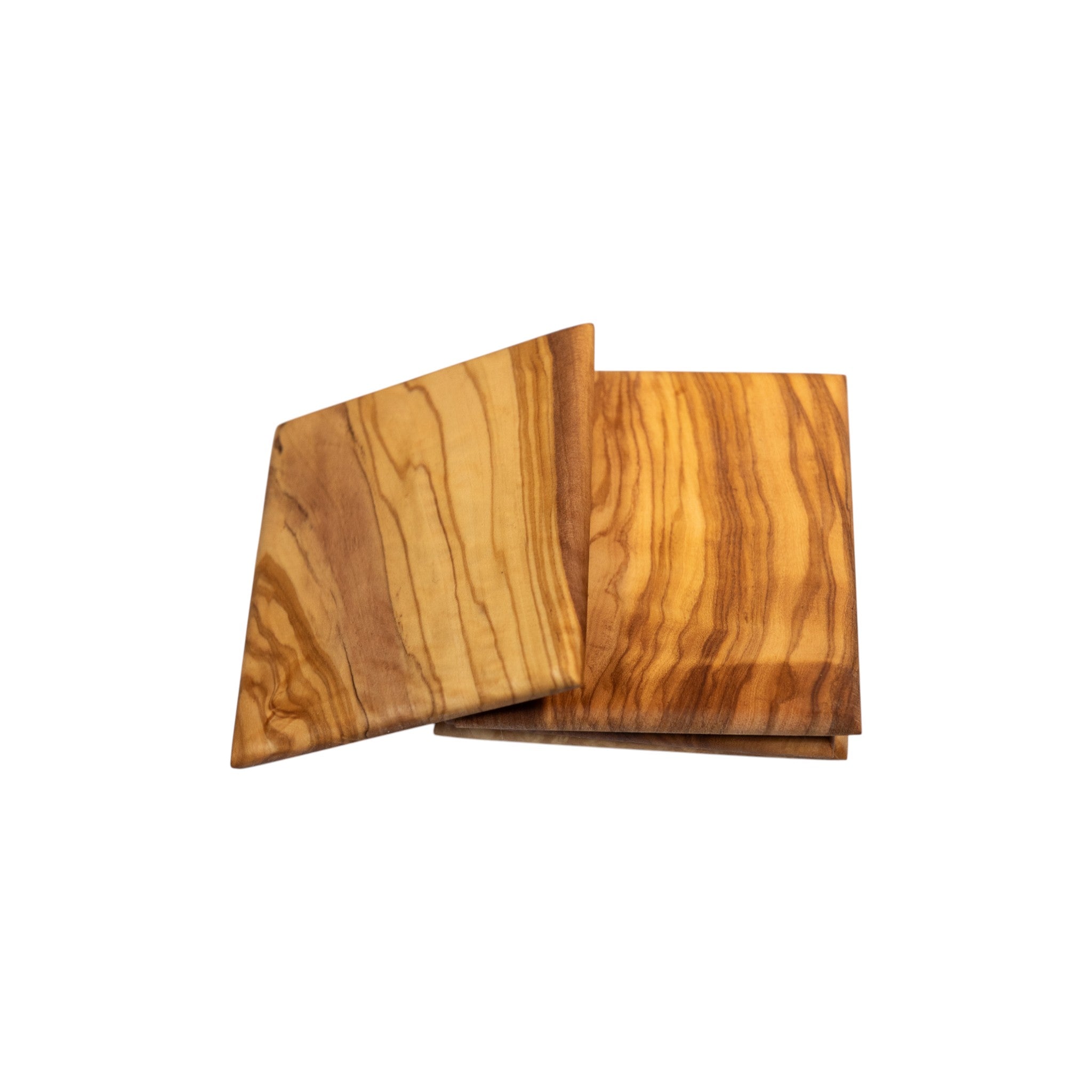 Olive wood coaster set showing polished wavy grain patterns