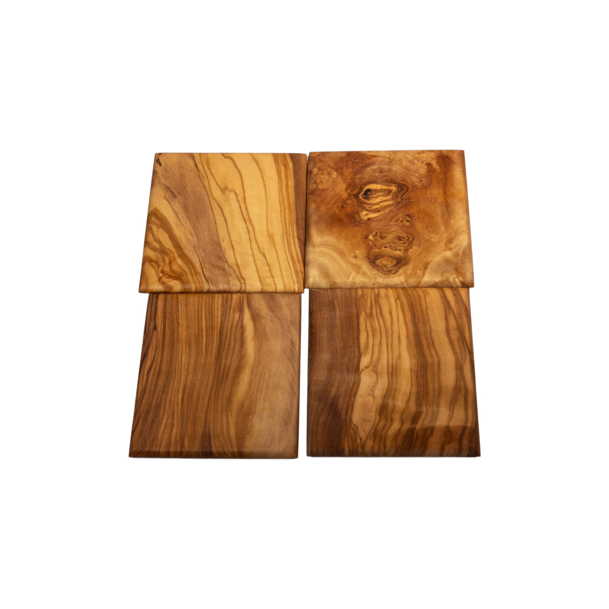 Square olive wood coasters with flowing lines and subtle knots