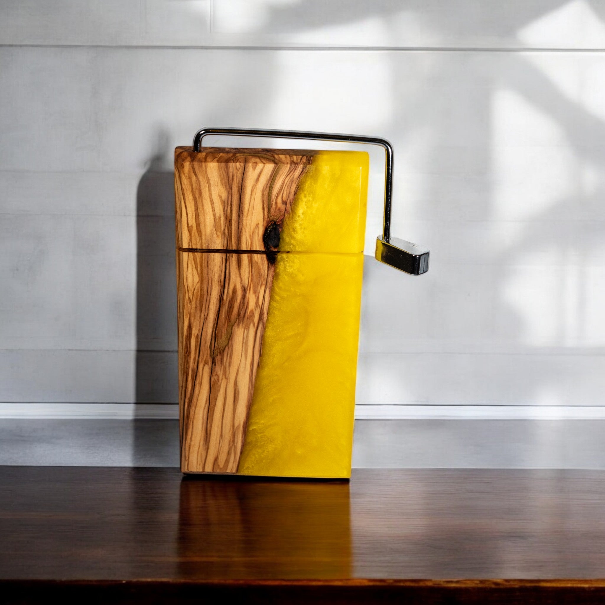 Olive Wood Yellow Epoxy Cheese Slicer Board