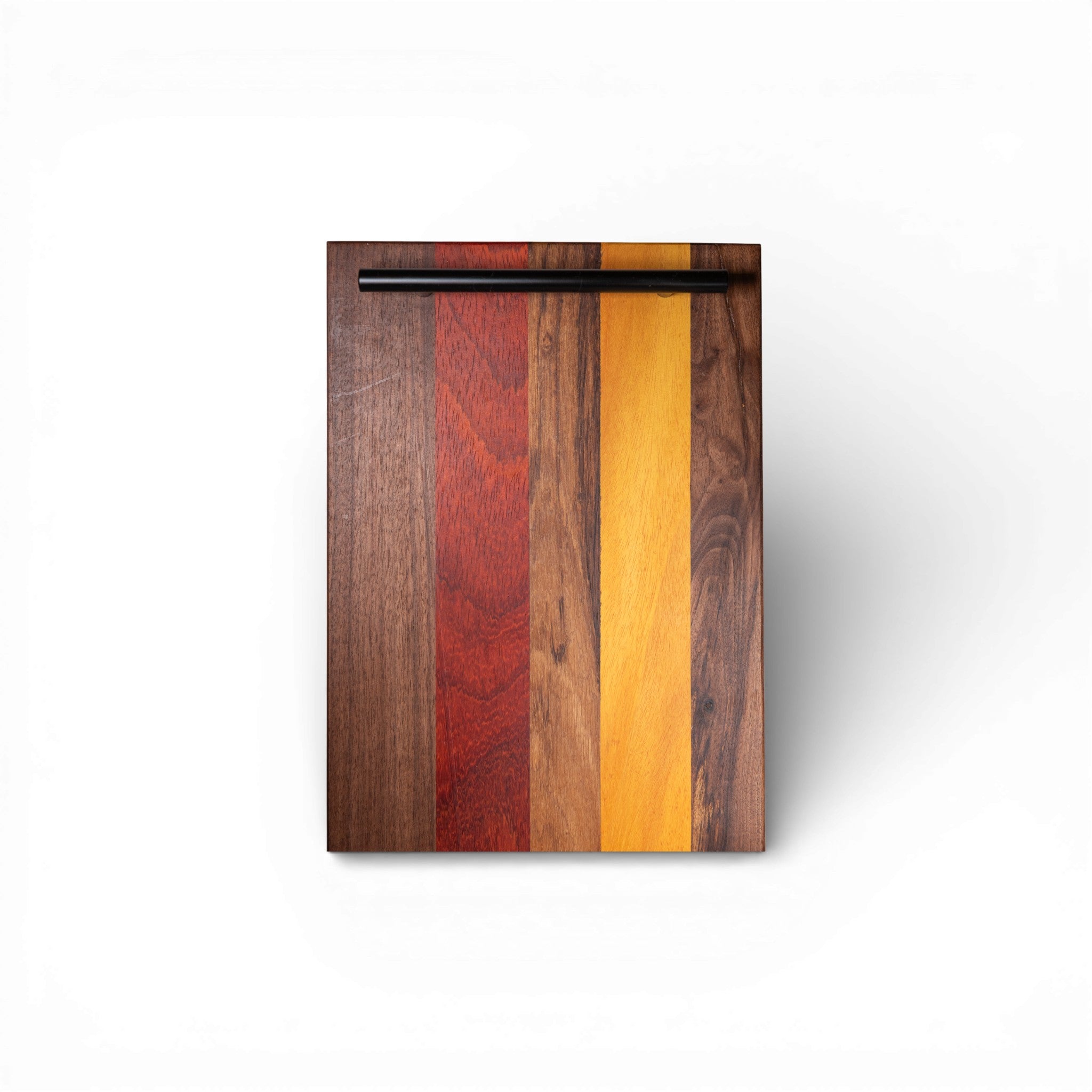 Rectangular wooden serving board featuring red padauk and walnut stripes with top handle