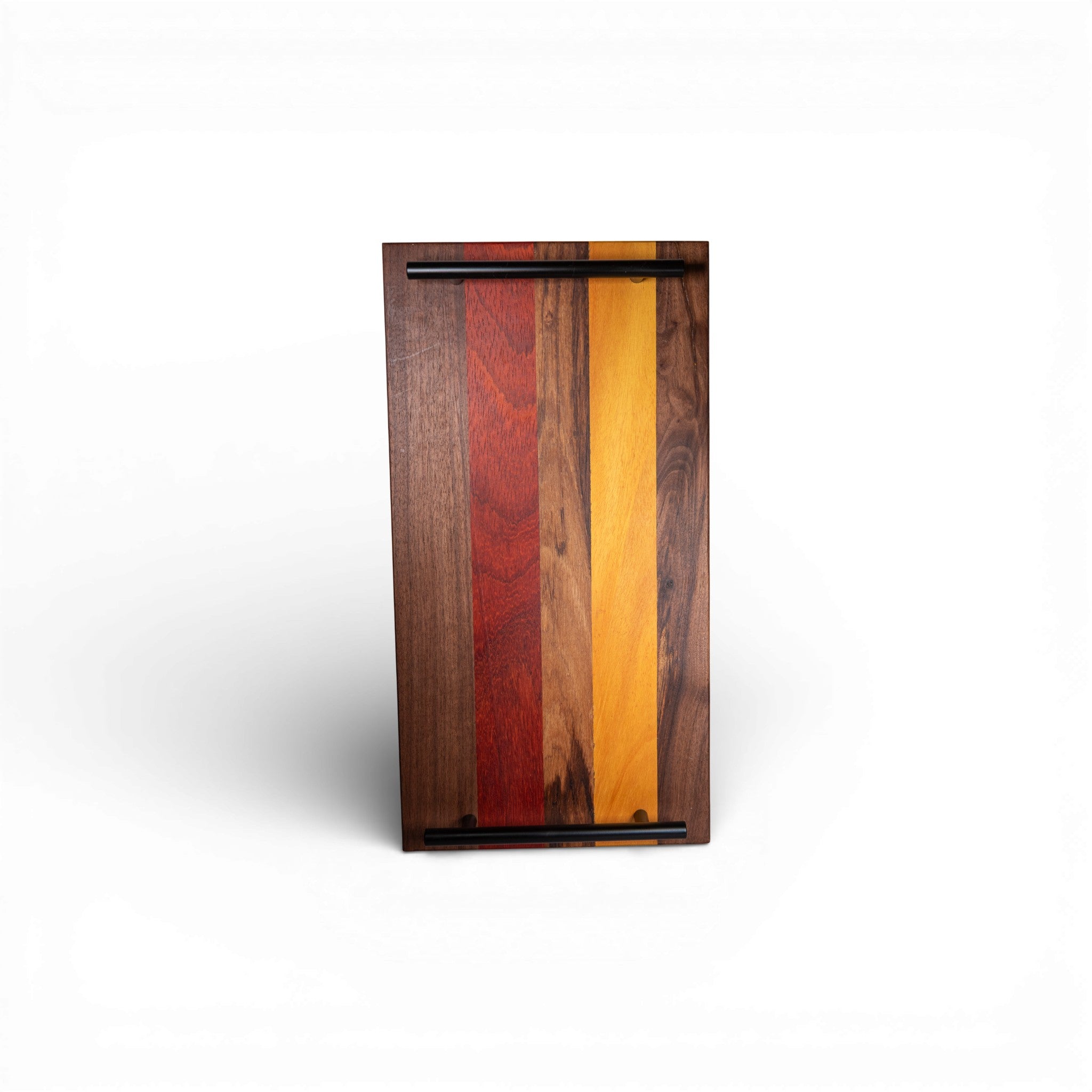 Multi-wood cutting board with padauk walnut osage grain and two horizontal handles