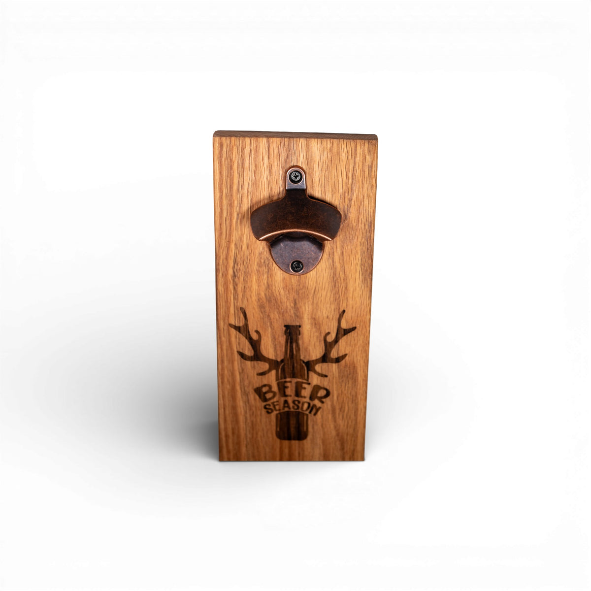 Rustic Sassafras wood beer season bottle opener with bronze metal cap catcher