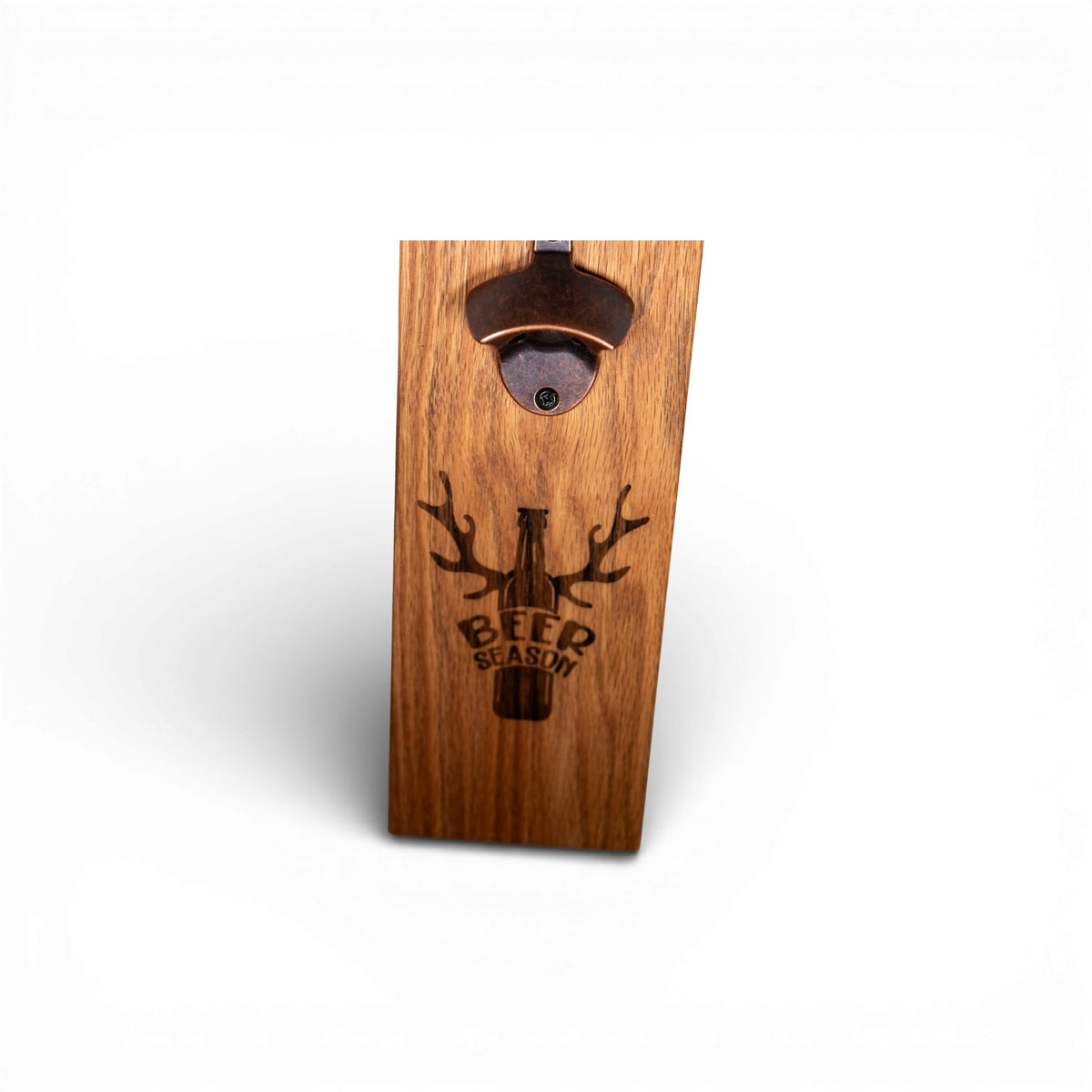 Handcrafted wooden beer season wall opener featuring copper-toned metal and antler design