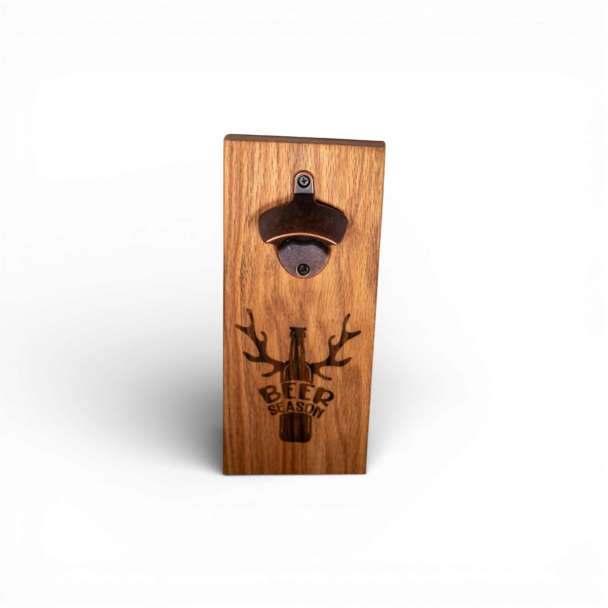 Beer Season magnetic bottle opener with dark bronze finish and laser-engraved antlers