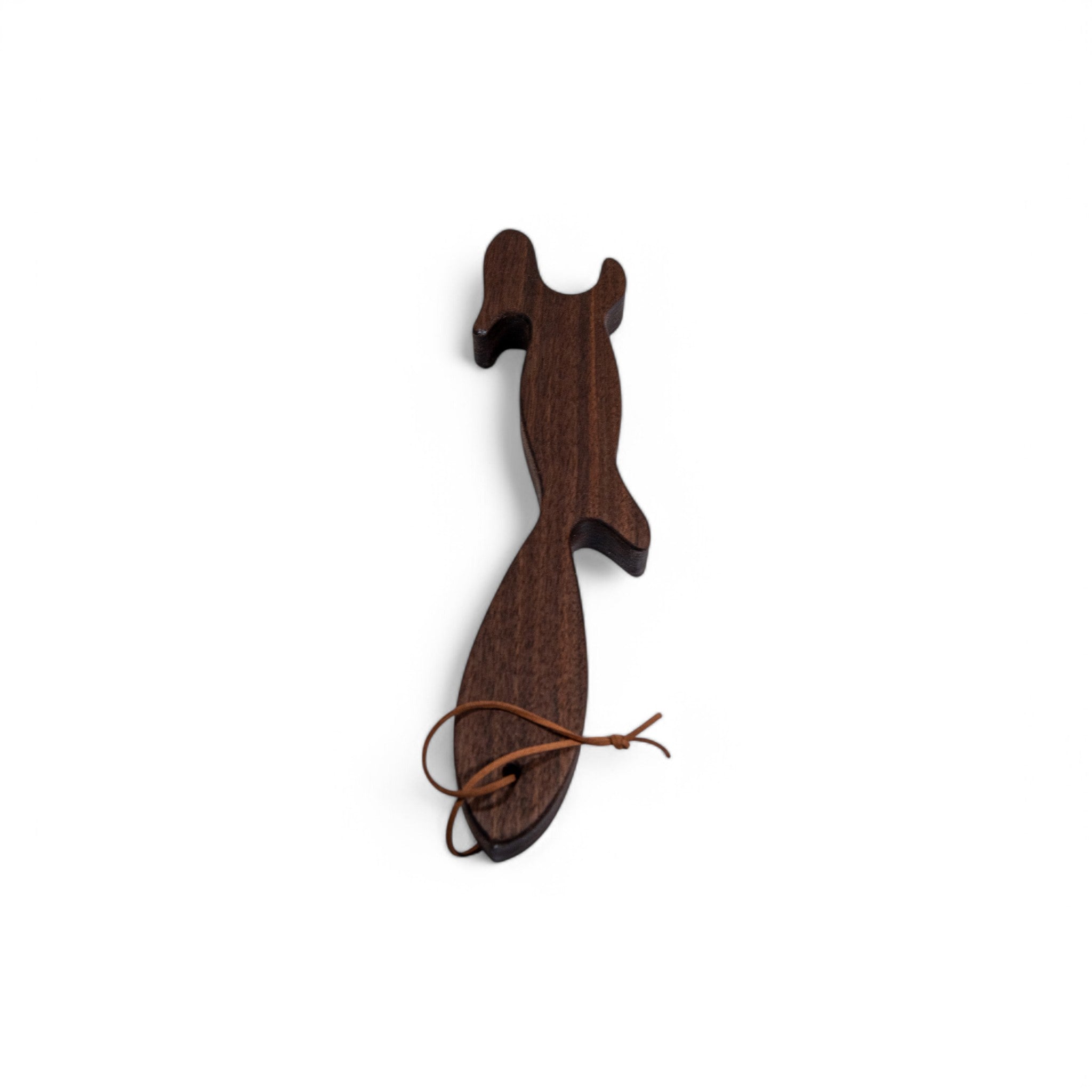 Top view of dark walnut squirrel oven rack puller with leather loop