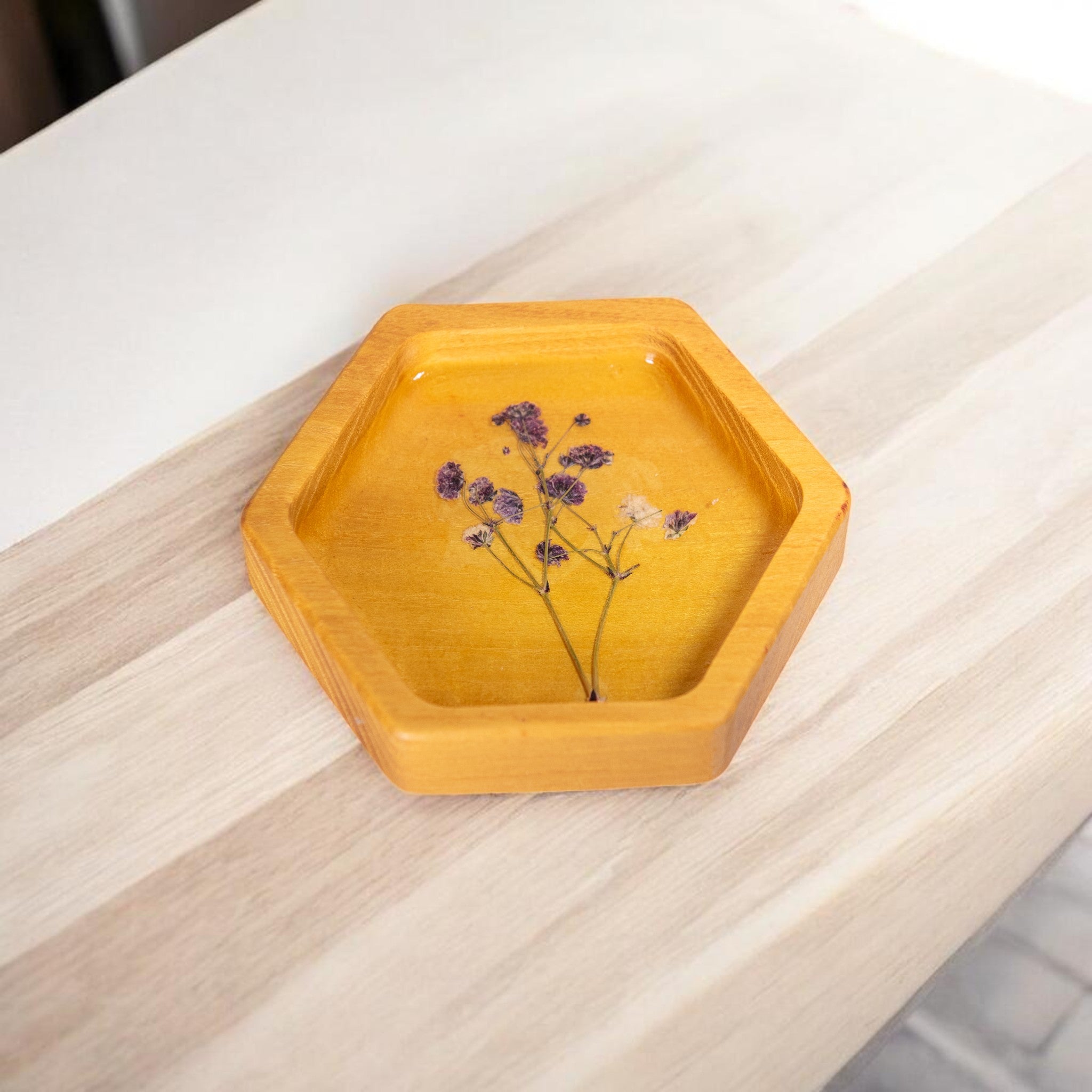 Wood Hex Tray with Pressed Flowers - Handmade Floral Resin Tray -Yellow