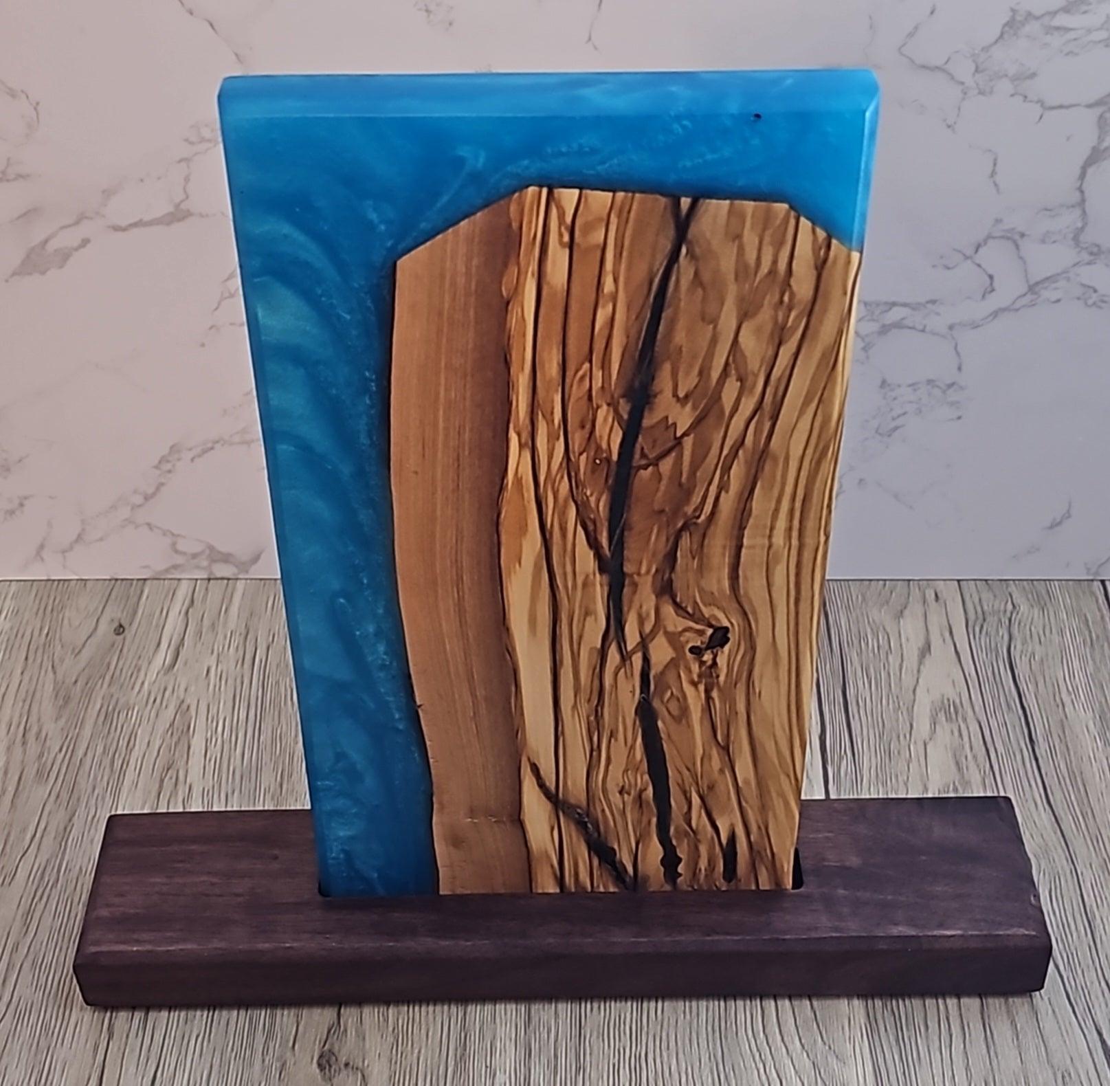 Wooden magnetic knife holder with Sea Blue Epoxy