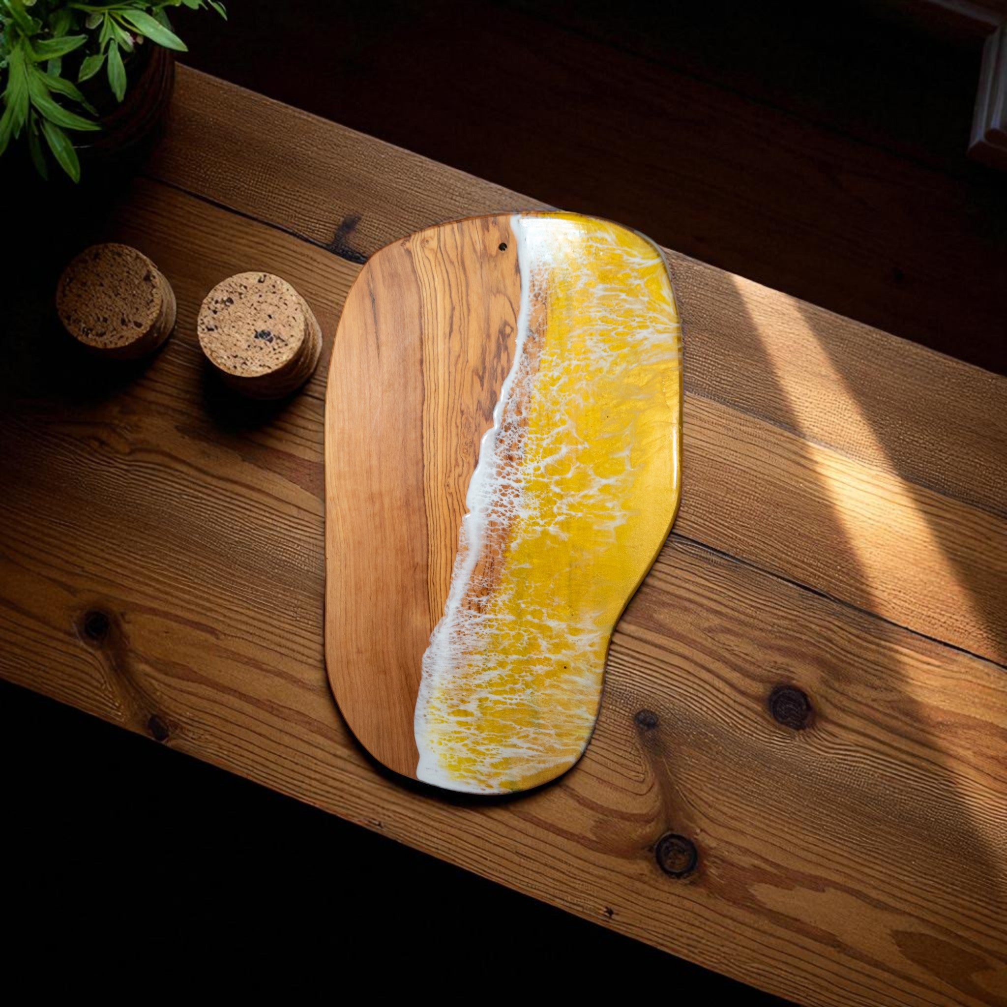 Yellow Handcrafted Ocean Wave Olive Wood Charcuterie Board - Serving Platter