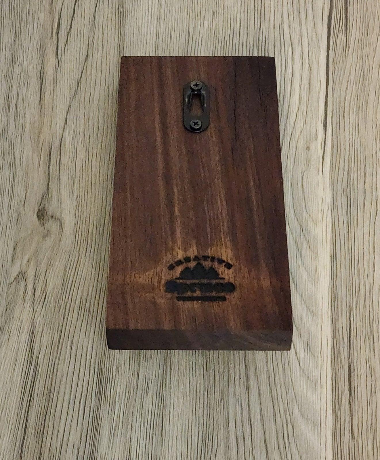 Dark oak wall mount dog leash holder with double hook and mountain logo