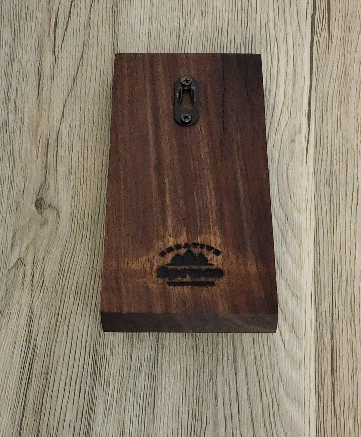 Dark oak wall mount dog leash holder with double hook and mountain logo