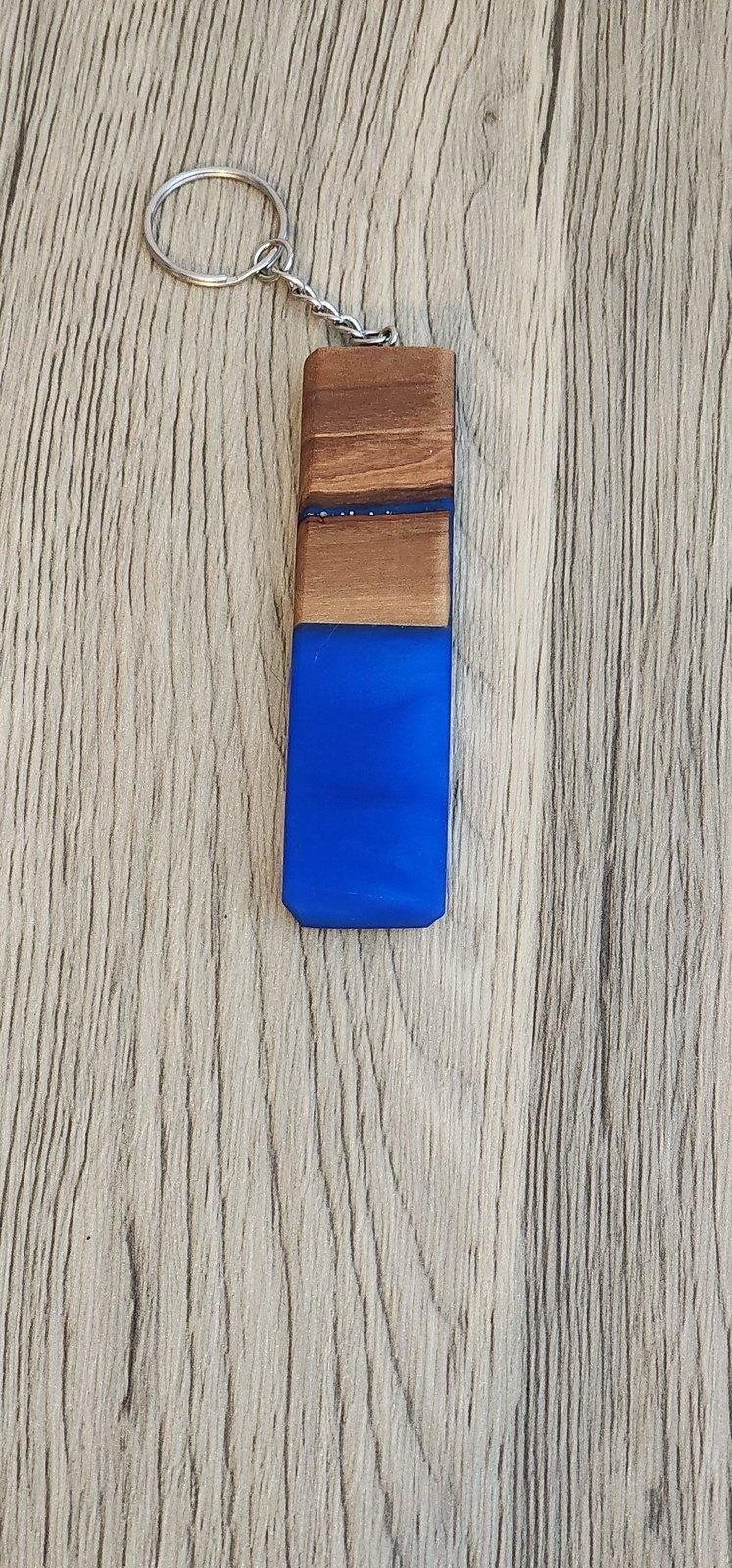 Blue epoxy and walnut wood keychain with silver ring