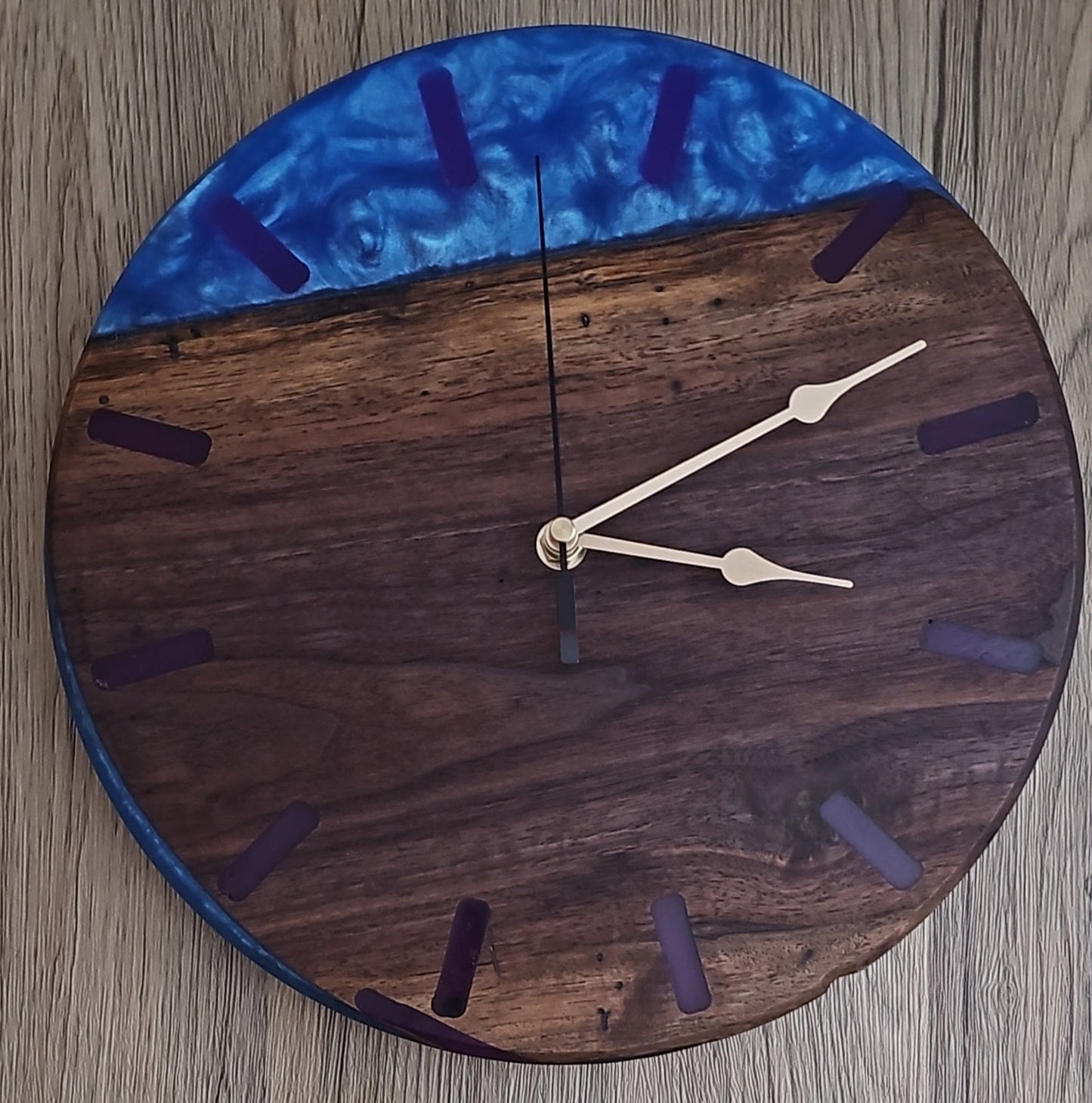Walnut Wood with Sea Blue with Purple Number Marks Epoxy Clock