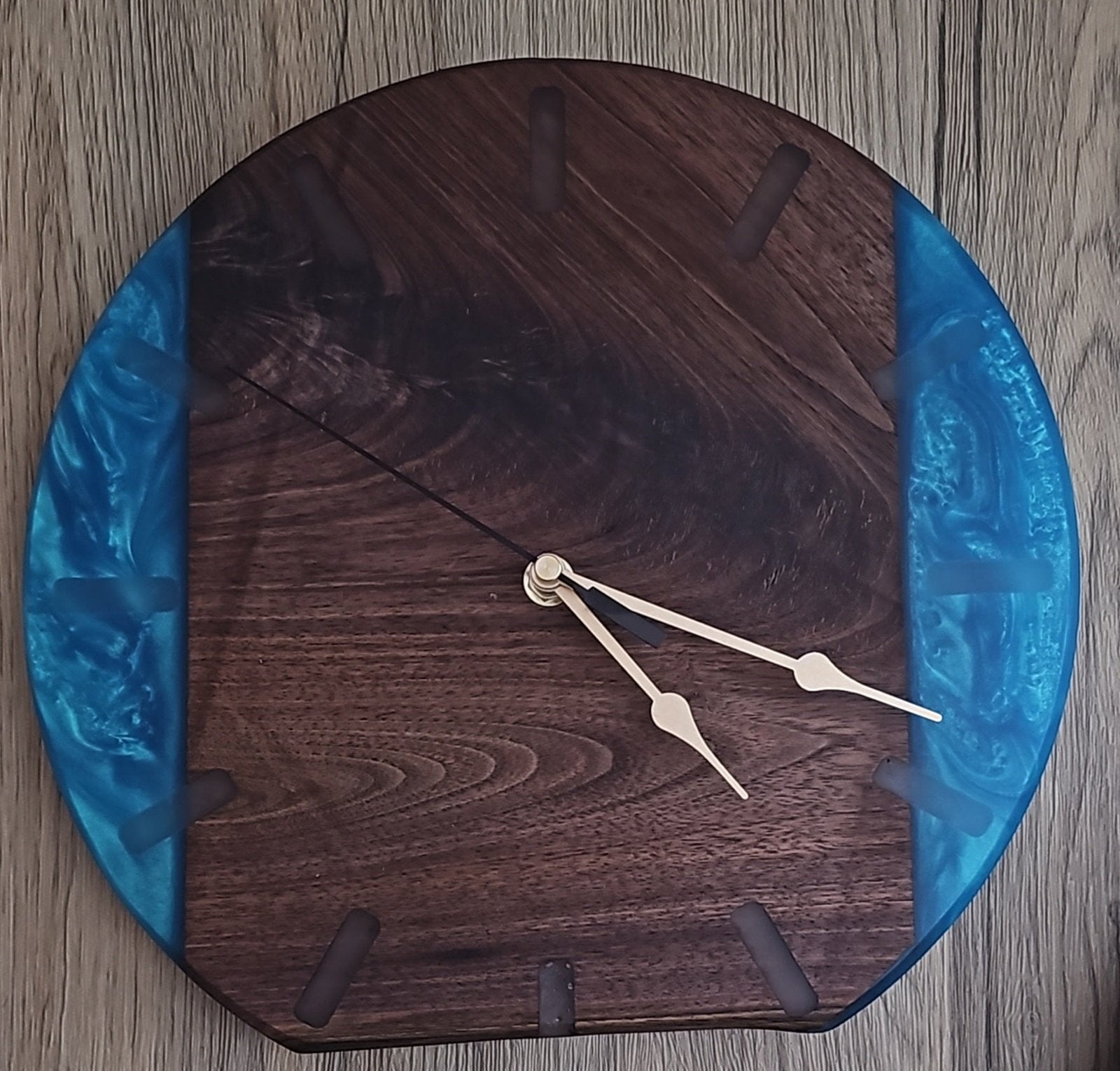 Walnut Wood with Sea Blue with Clear Number Marks Epoxy Clock